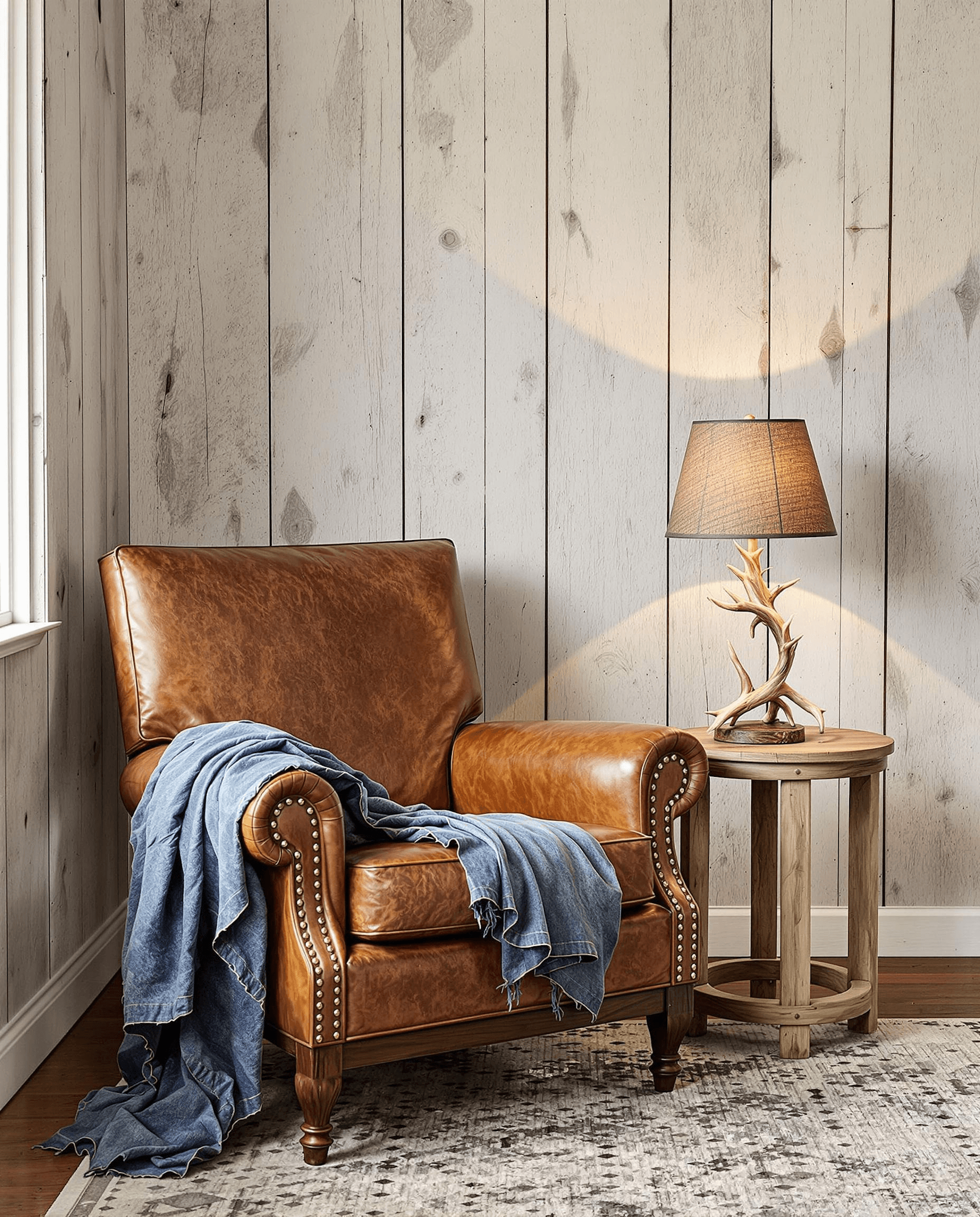 Rustic reading corner with cognac leather armchair, blue throw blanket, antler lamp on round side table, and whitewashed shiplap walls