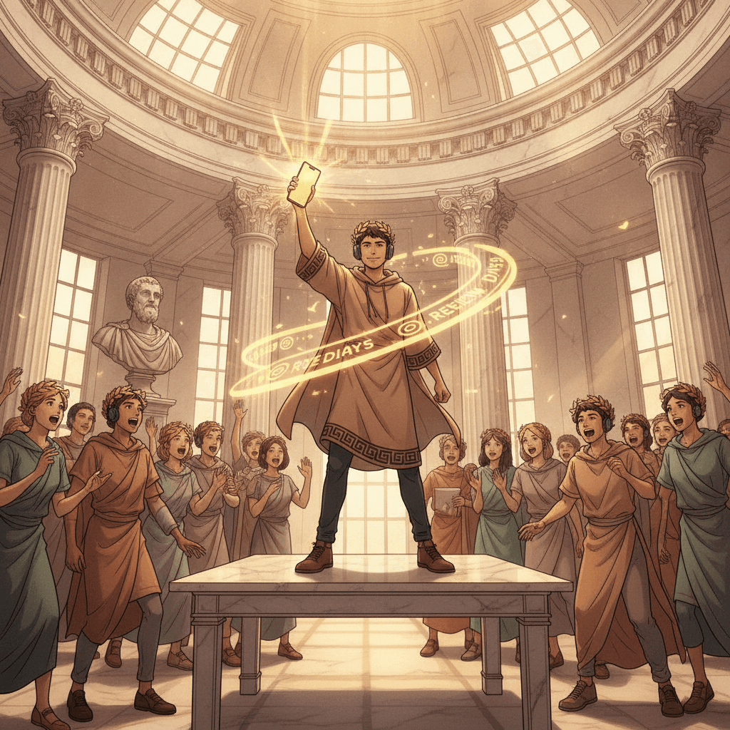 Student standing confidently on a marble desk, holding a glowing phone with a golden calendar of review days arranged in a spiral, golden energy waves flowing outward