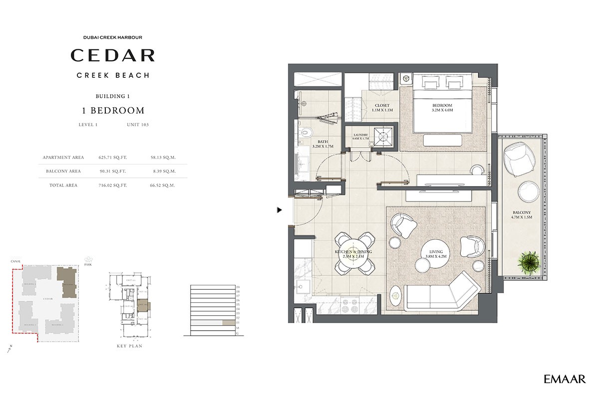 Cedar at Creek Beah Floor Plan 1BR