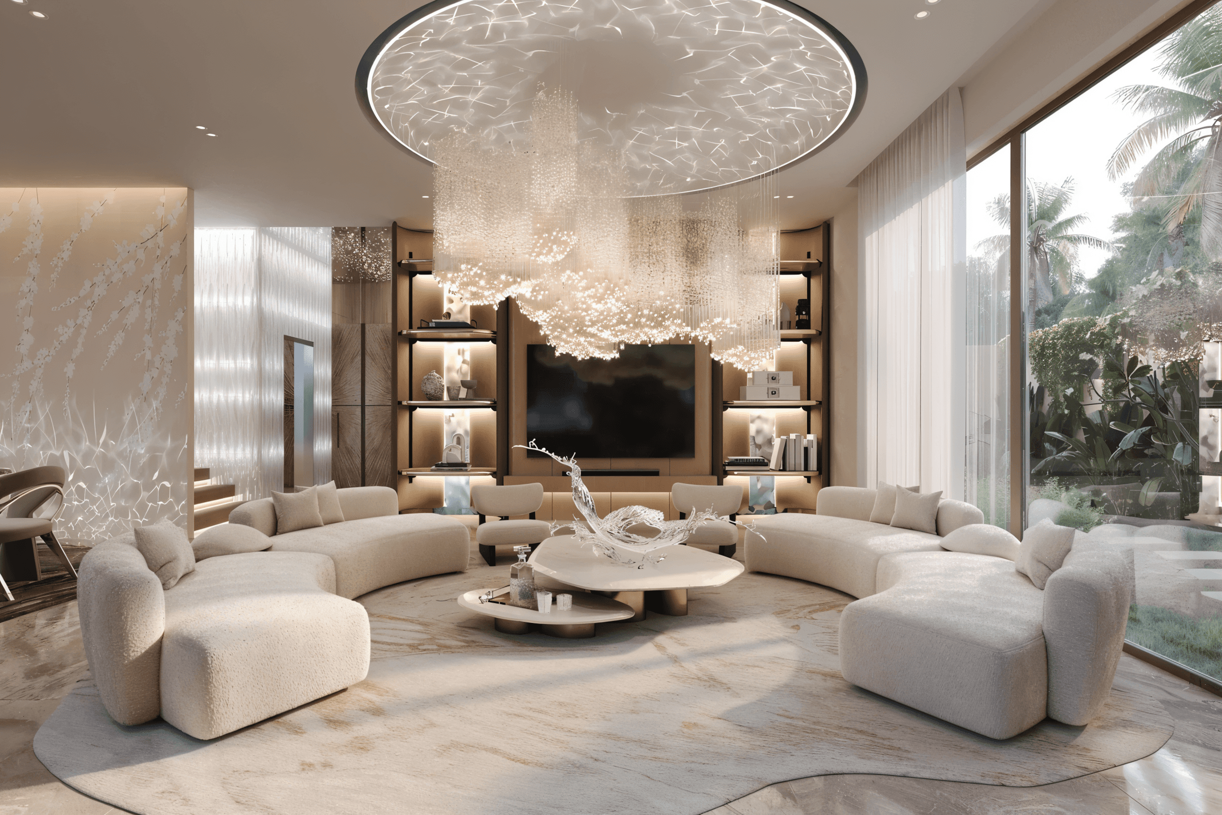 A living room featuring a circular seating area and an elegant large chandelier, designed in Leos Royal style.