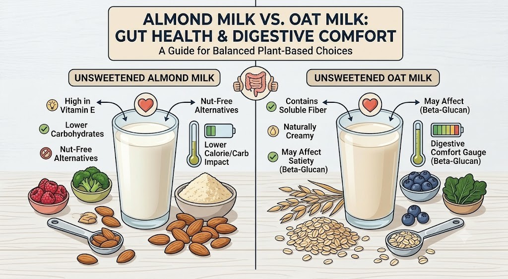 Infographic comparing unsweetened almond milk and unsweetened oat milk for gut health. Details include high vitamin E and low calorie impact for almond milk, versus soluble fiber and beta-glucan satiety benefits for oat milk, alongside ingredients like almonds, oats, and berries.