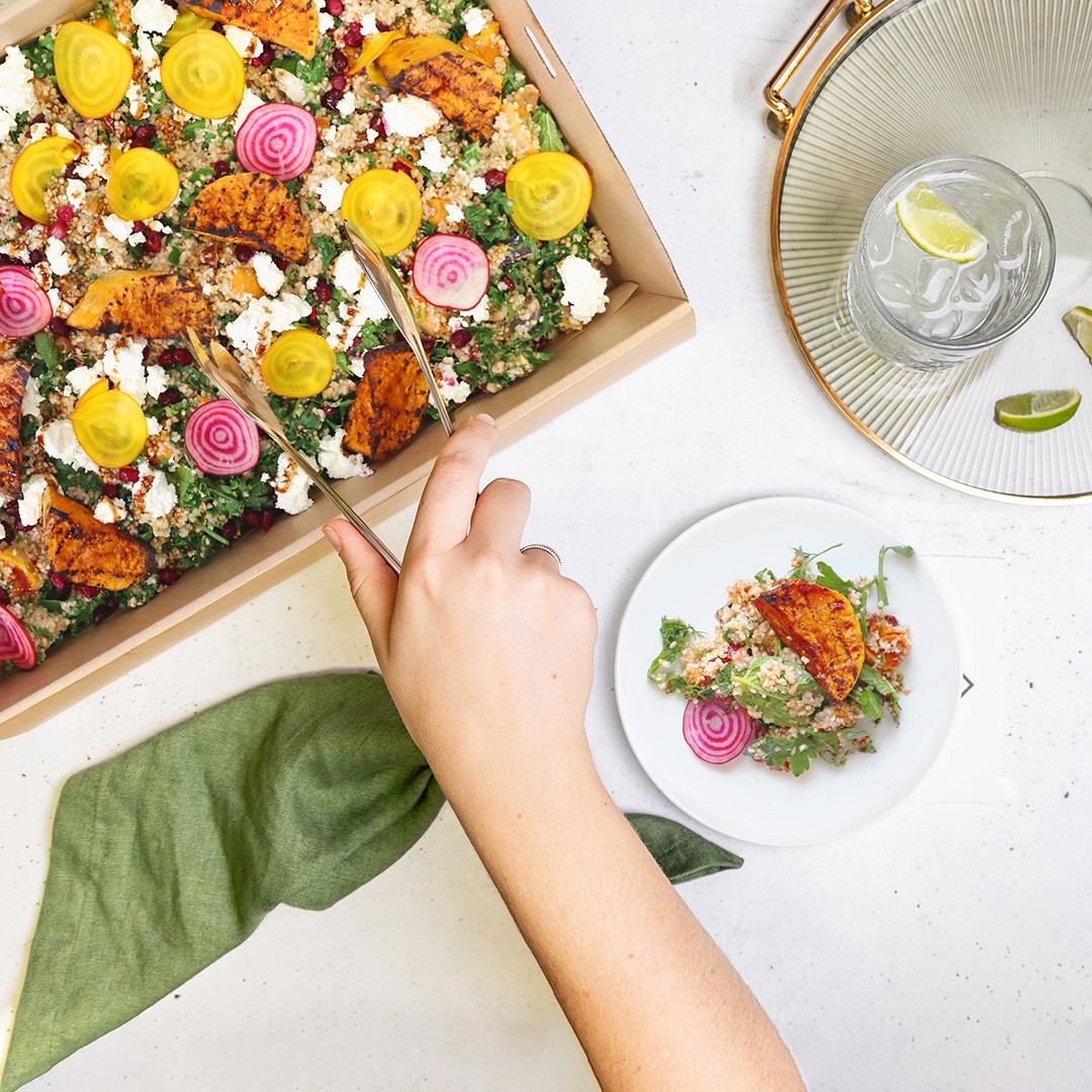 Bulgur salad with roasted maple pumpkin, feta, kale, onion, soft herbs, pomegranate, smoked almonds, dried apricot & molasses vinaigrette