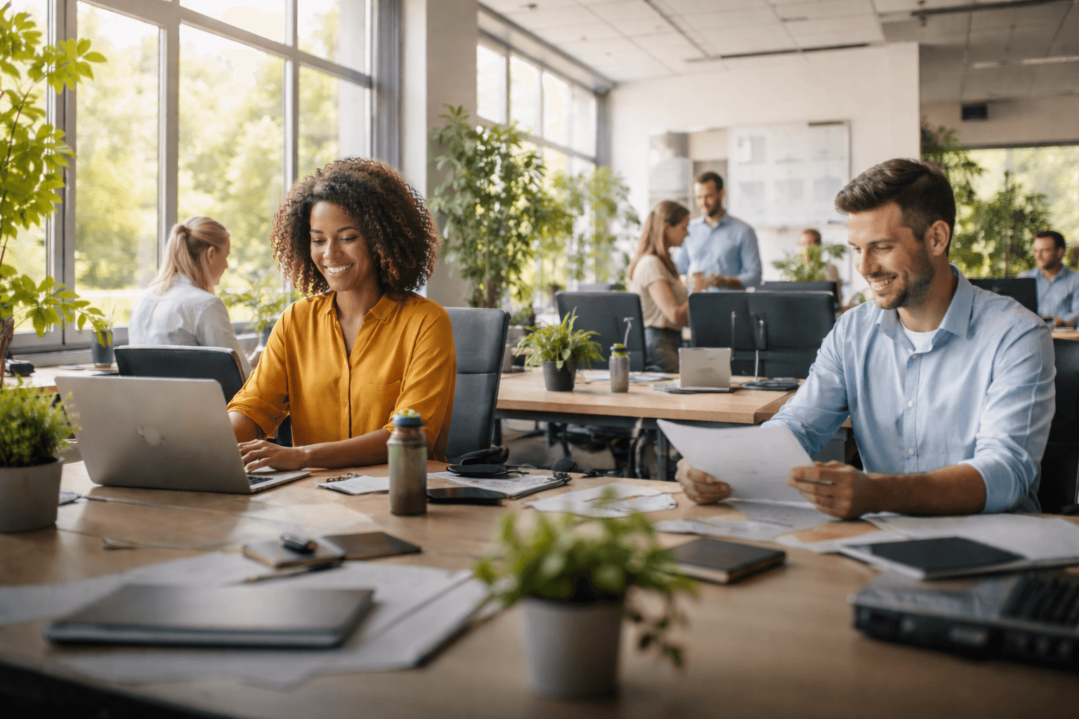 A man stands while two people sit at a table in an office setting, smiling and engaged in conversation. The mood is friendly and collaborative.