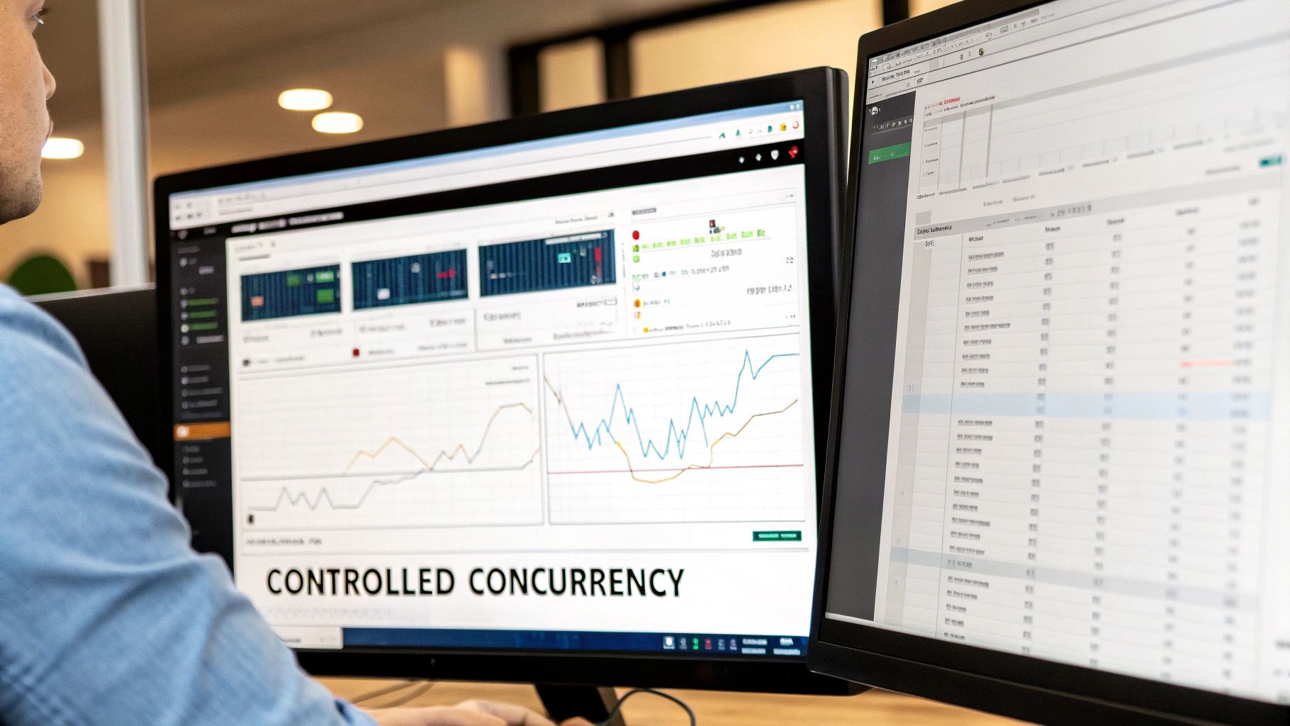 A person monitors data and graphs on dual computer screens, showcasing system analysis and data dashboards.