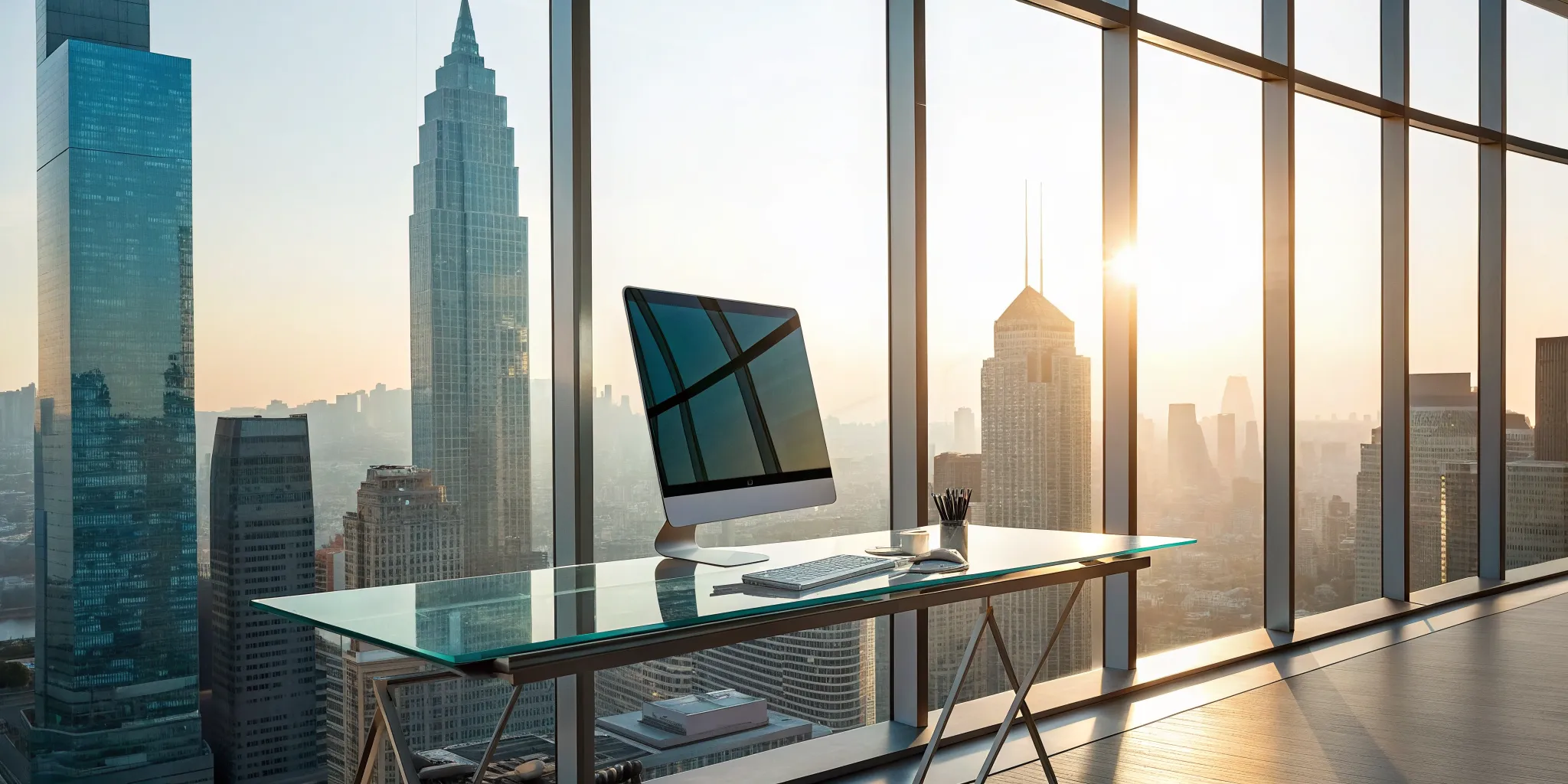 Modern office desk with computer overlooking a city, researching the best structured notes for downside protection.
