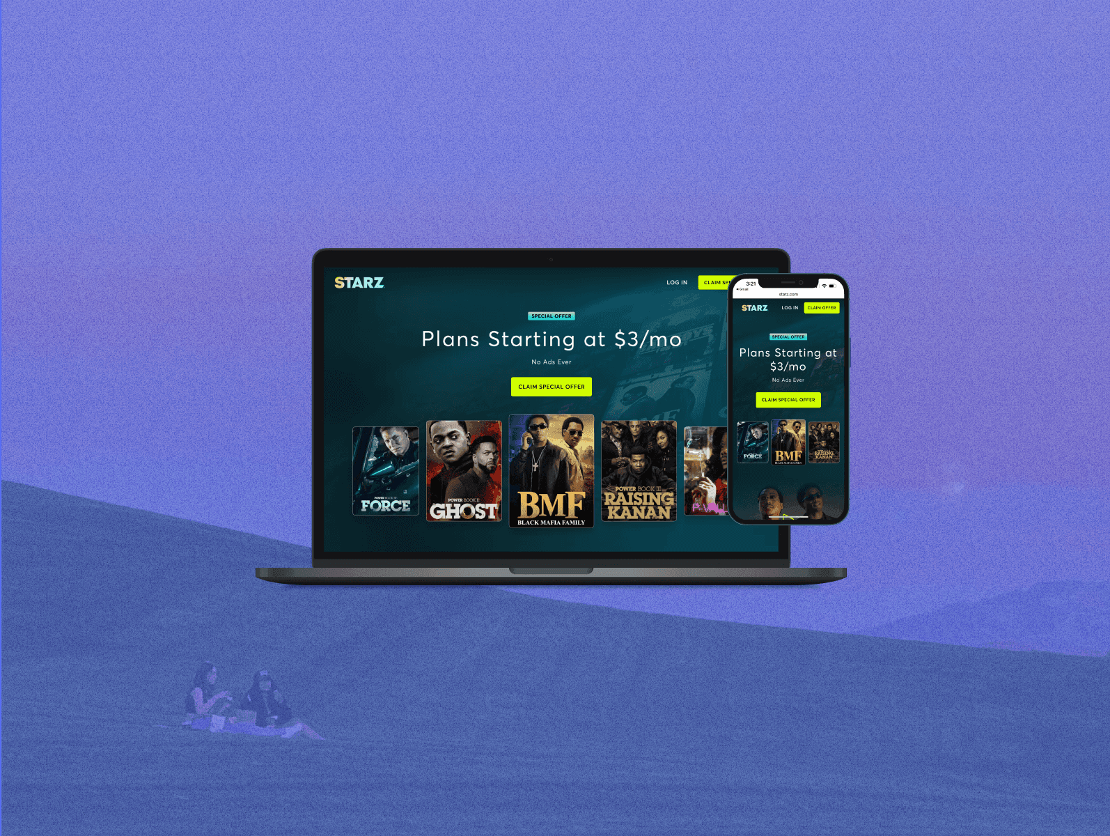 a mockup of the starz landing page on mobile and desktop featuring five main shows