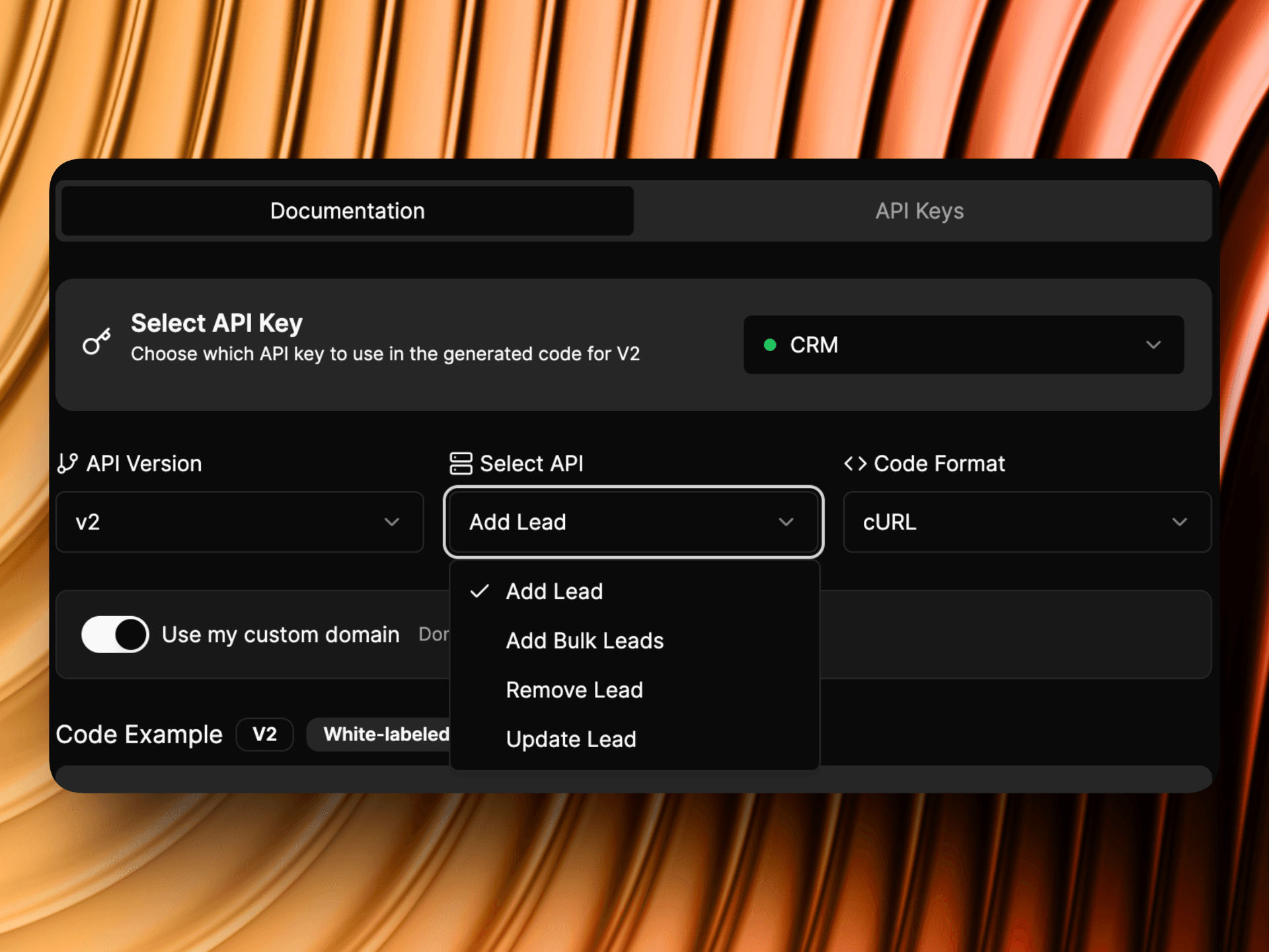 AI outbound calling campaigns API configuration interface with CRM integration options - select API key, and lead management functions including Add Lead, Add Bulk Leads, Remove Lead, and Update Lead with white-labeled cURL code format for calling leads from CRM or CSV upload with personalized agent prompts | VoiceAIWrapper