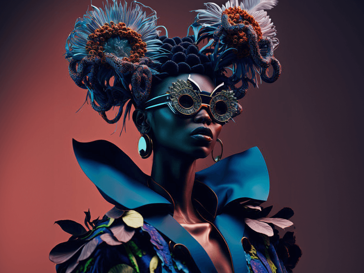 The image showcases a futuristic, nature-inspired fashion design with an elaborate floral headpiece, sculptural attire, and intricate avant-garde eyewear