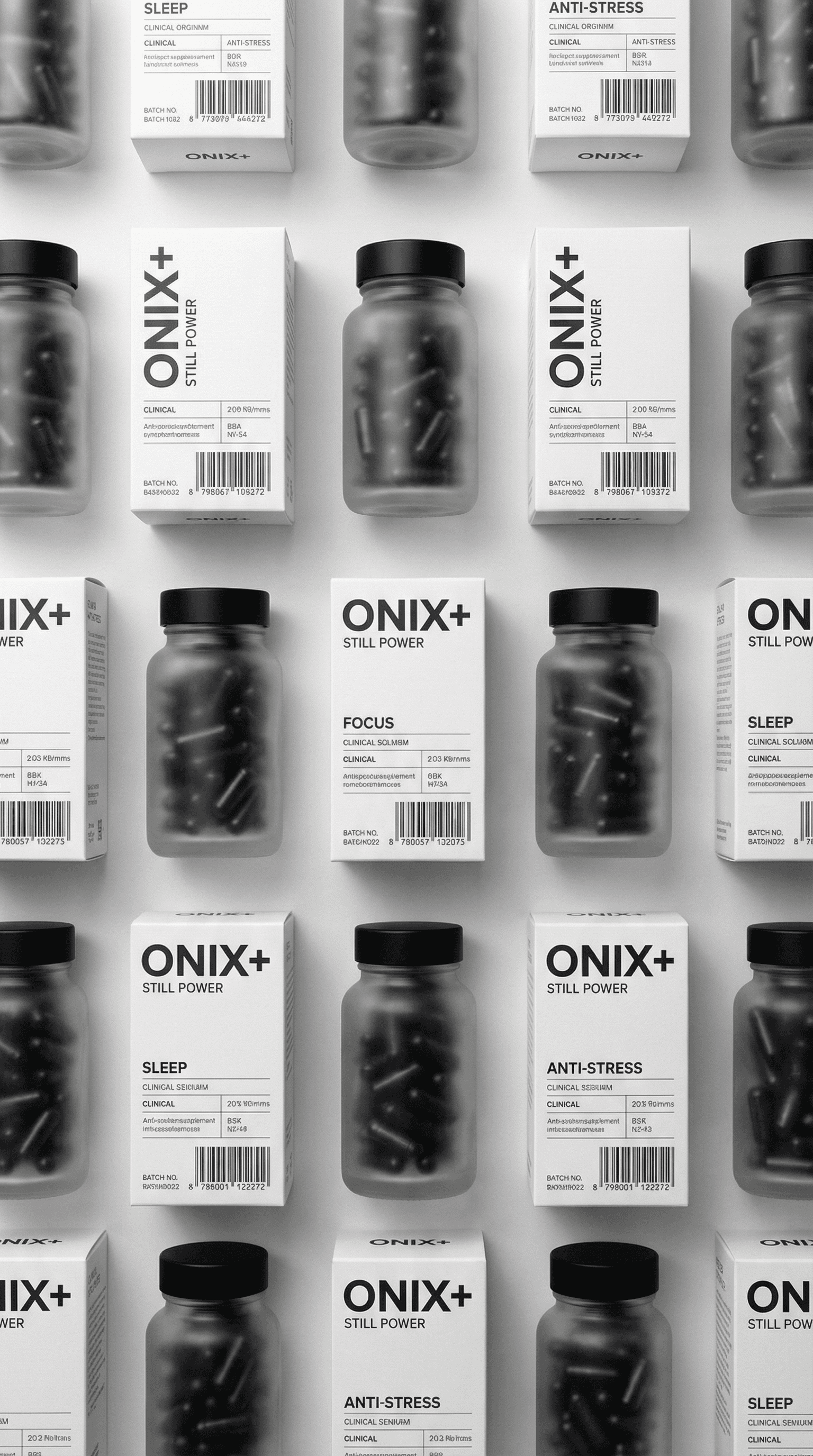 Onix+ Still Power supplement bottles and boxes arranged in a grid: focus, sleep, and anti-stress