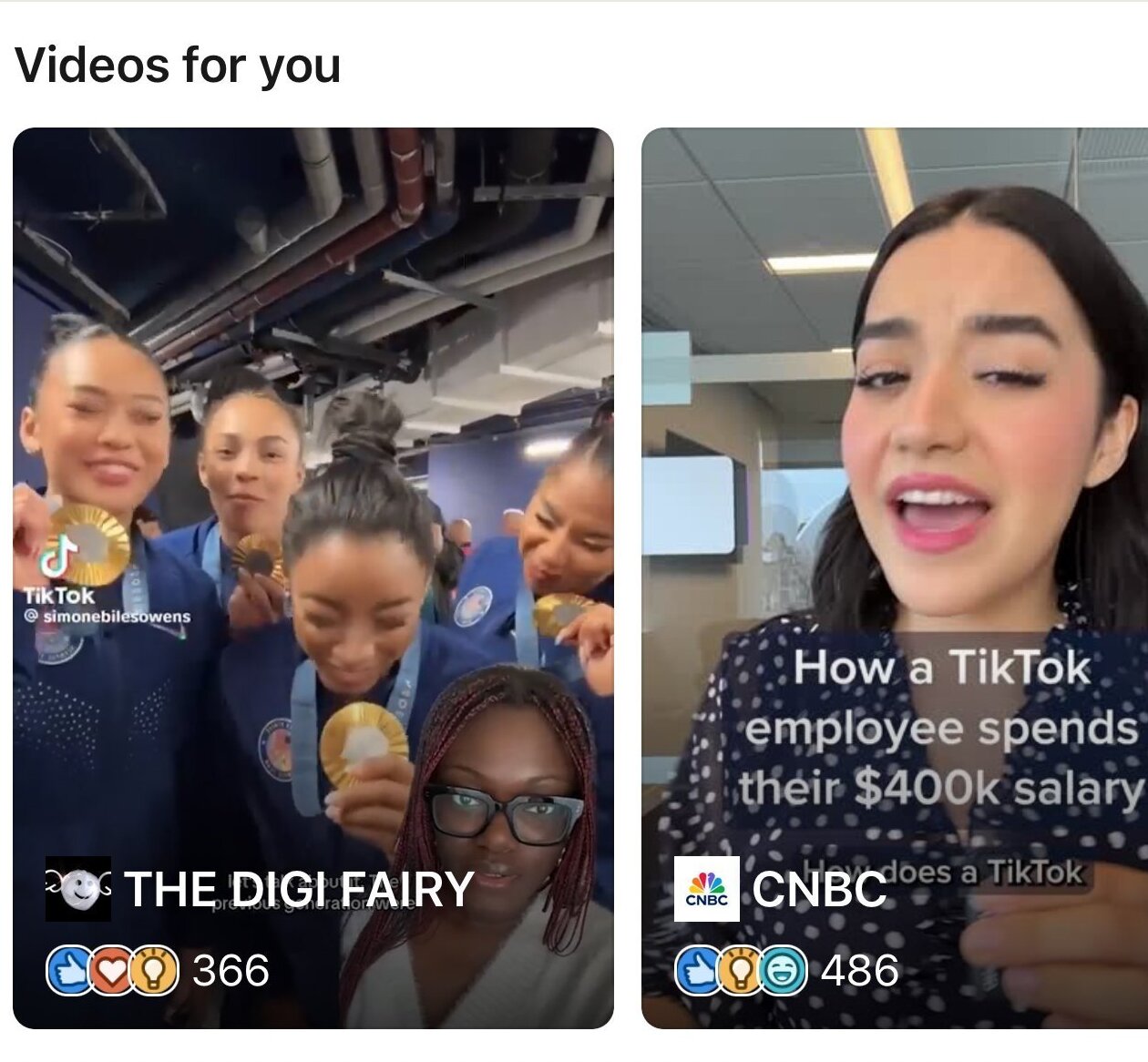 LinkedIn's new 'Videos For You' interface displays two main sections. The first shows a girl on the screen with a background of female athletes showcasing their medals. The second features a woman discussing "How a TikTok employee spends their $400k salary." This update highlights LinkedIn's new feature, mirroring TikTok's full-screen video experience and reflecting a significant increase in video content on the platform.