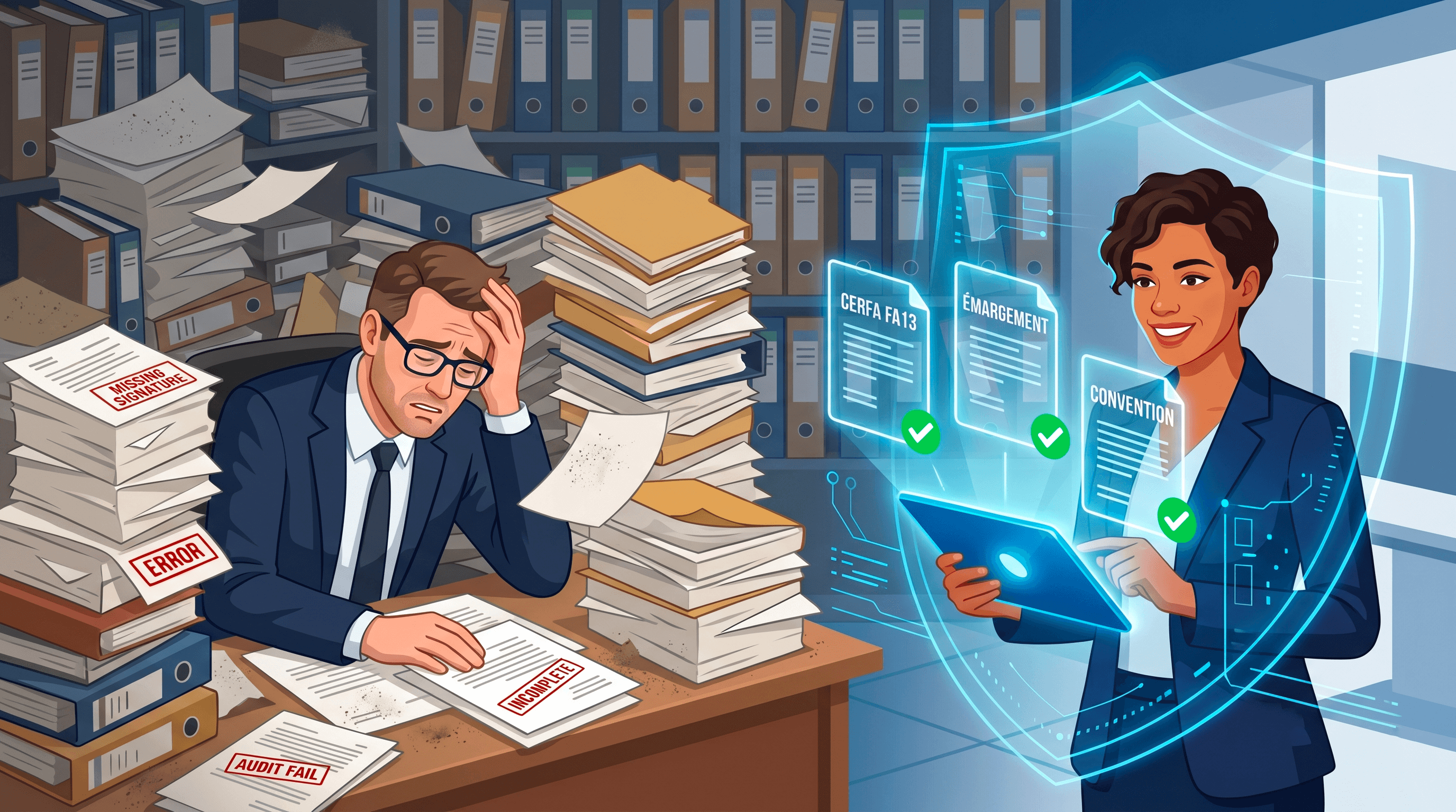 Texte alternatif (Alt Text) : "Illustration d'un contrôle CFA en 2026 comparant le stress des dossiers papier physiques et la conformité d'une gestion administrative dématérialisée. À gauche, un gestionnaire submergé par des montagnes de papiers avec des mentions d'erreurs de signatures. À droite, une directrice sereine valide de manière sécurisée et en un clic un contrat CERFA, une feuille d'émargement numérique et une convention de formation sur la plateforme Linkpick.