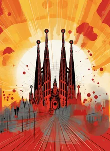 Dramatic illustration of Sagrada Familia in Barcelona with a radiant sunburst background, highlighting Story Inventory's capability to share your product's story in Spanish, catering to the Hispanic market