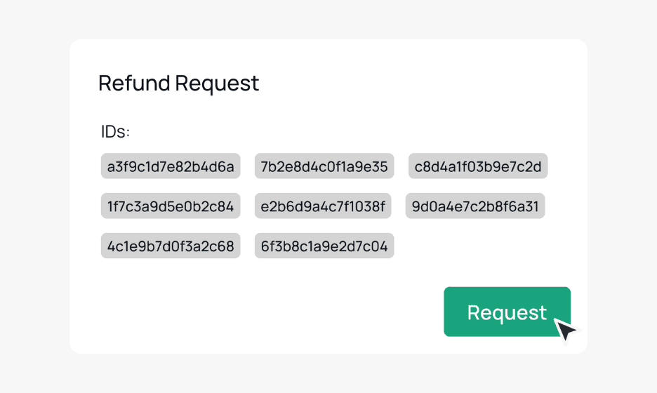 Eine vereinfachte Benutzeroberfläche für den Prozess „Erstattungsanfrage“. Der Bildschirm zeigt eine Reihe alphanumerischer Identifikations-Tags, die betrügerische Sitzungen darstellen, und einen auffälligen grünen „Anfrage“-Button, über dem der Cursor schwebt.