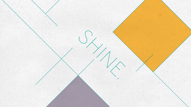 A white picture with cyan lines, orange and gray cubes and the text SHINE.