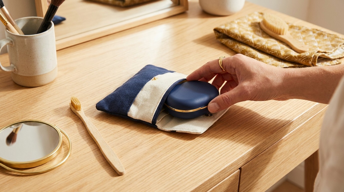 A hand slipping a navy retainer case into a small zippered pouch on a tidy vanity beside a toothbrush and a round mirror