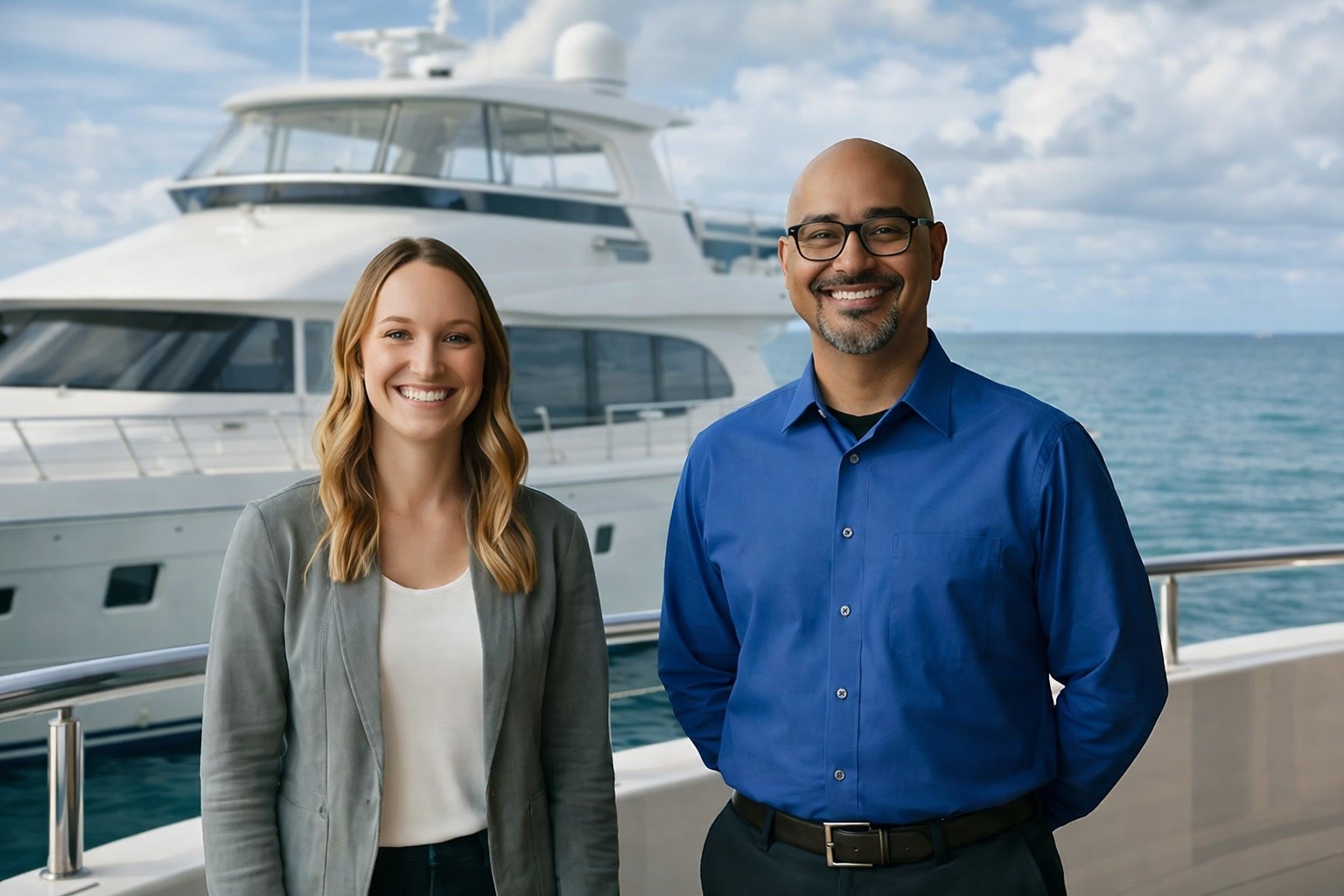 Smiling man and woman standing together in front of a framed abstract artwork.