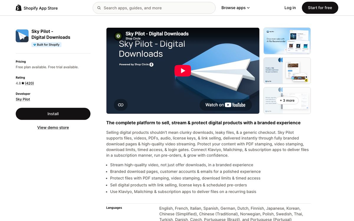 The Sky Pilot app listing in the Shopify App Store, showing a free plan and PDF stamping