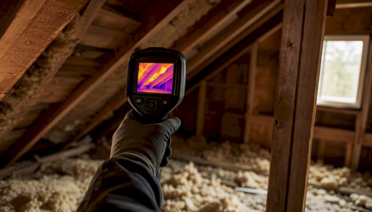 Infrared camera inspecting attic for heat leaks