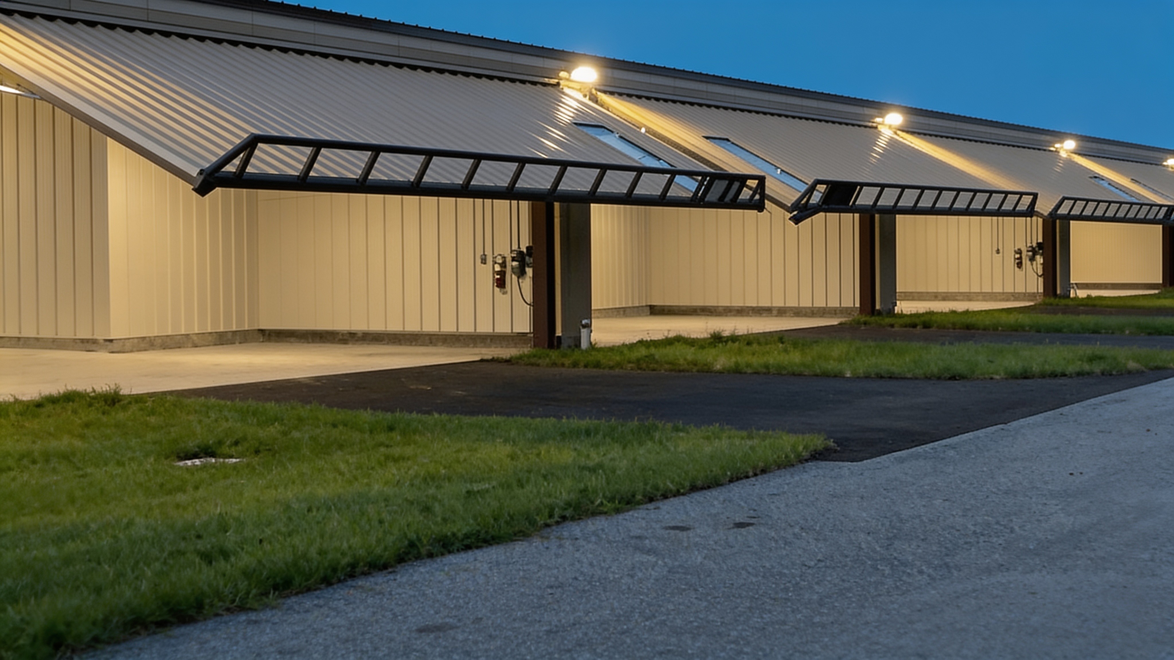 Row of 42x20 PowerLift aircraft hangar doors on an executive airport T-hangar at dusk