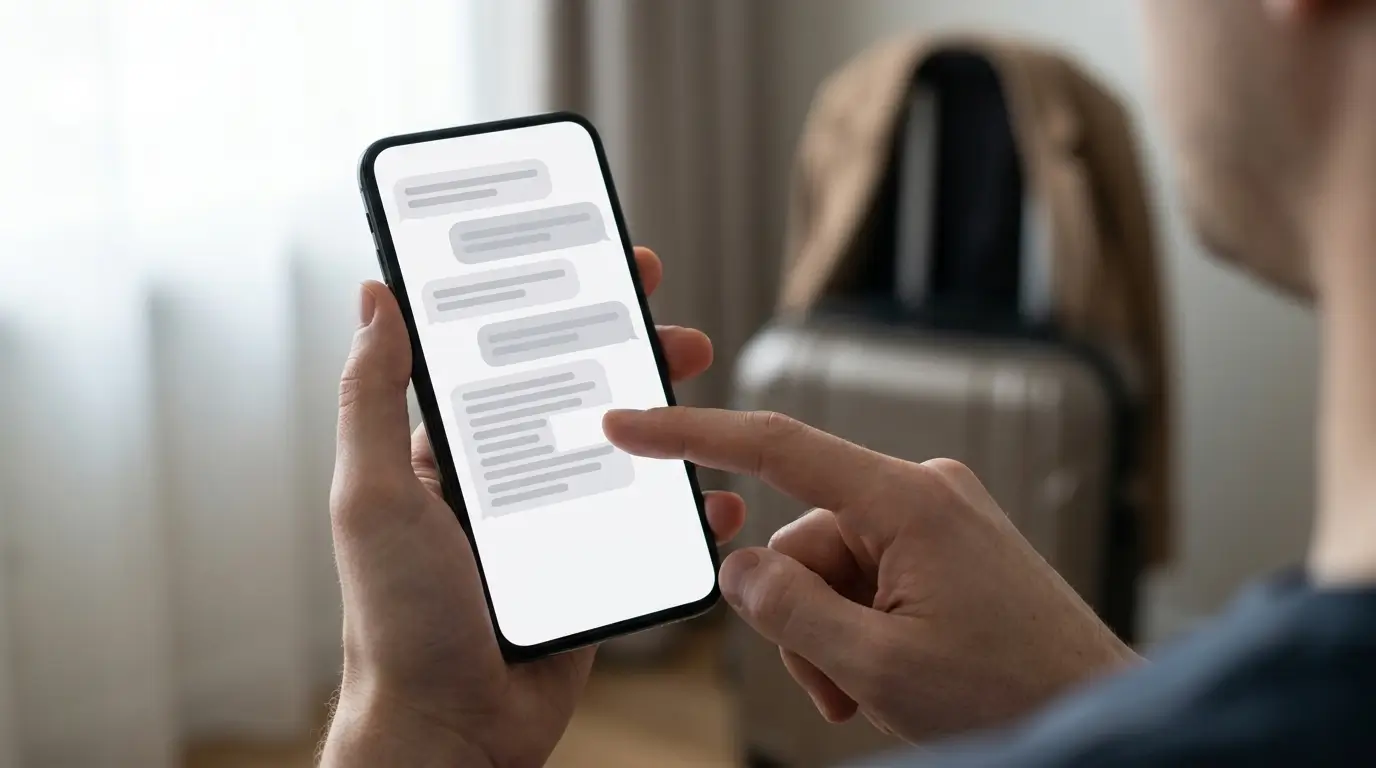 A hand holding a phone showing a chat thread of grey placeholder text, with a finger pressing an empty gap in the middle of one message line and a suitcase blurred behind.