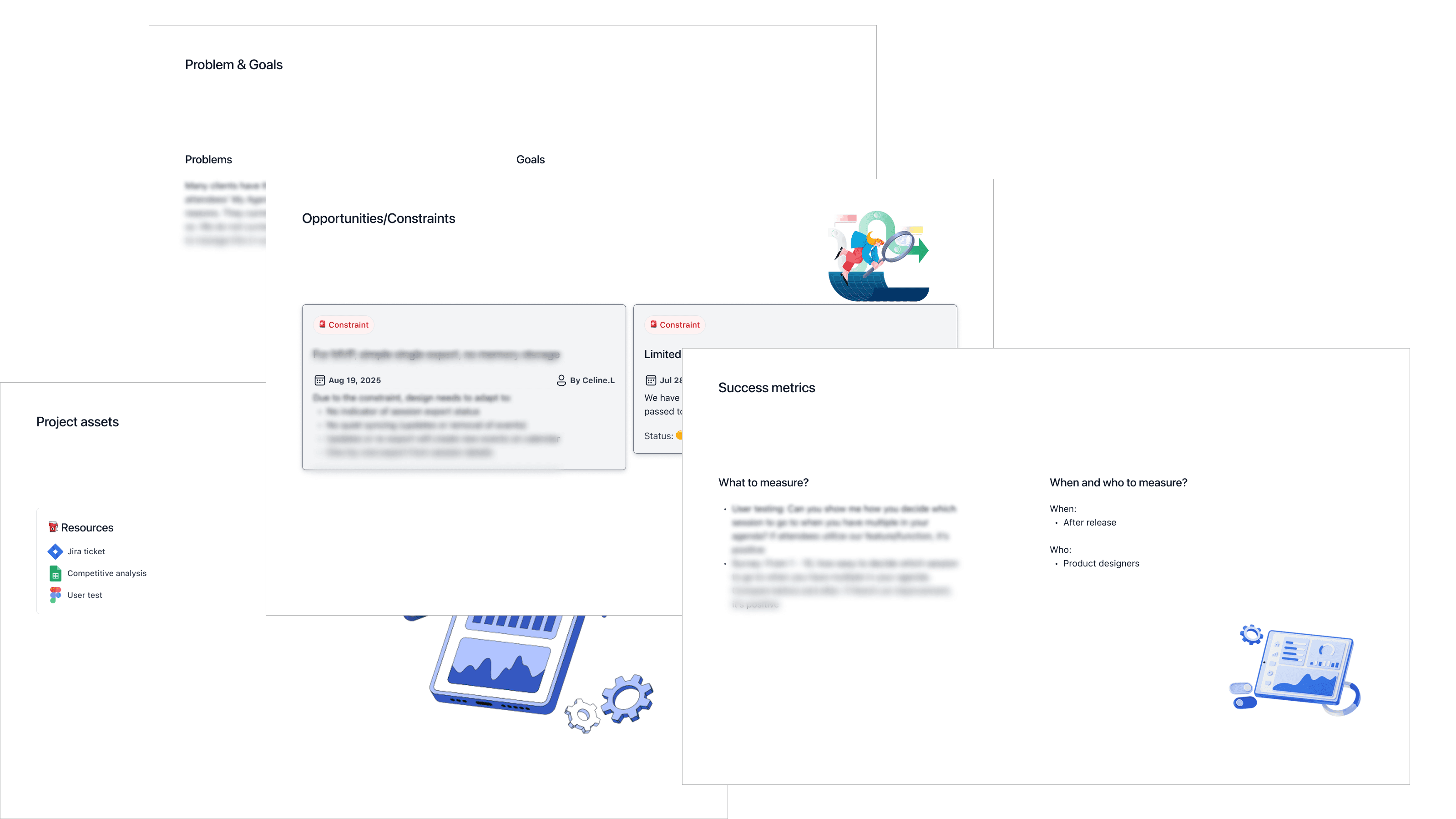 Series of slides from the project debrief deck template, including problem and goal definition, opportunities and constraints, success metrics, and references to related project assets.