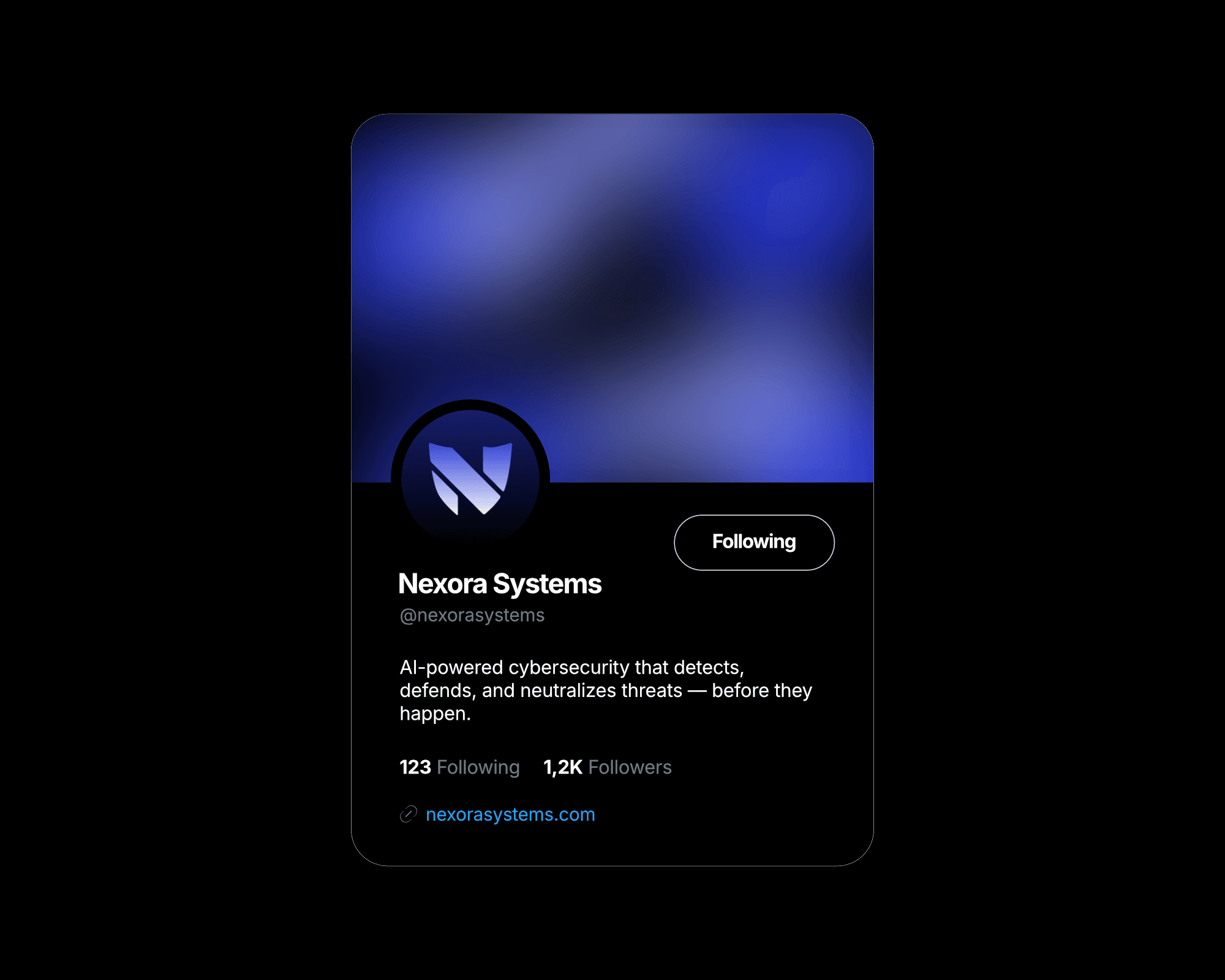 A mockup of Nexora Systems's X (Twitter) Profile. The header image is a blurry blue gradient. The profile photo features the brand logo in a white and blue gradient against a blue background.