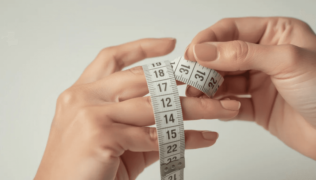 A pair of hands is holding a flexible measuring tape, carefully measuring the size of a ring finger. This image highlights the importance of knowing key details for a personalized shopping experience when purchasing rings online.