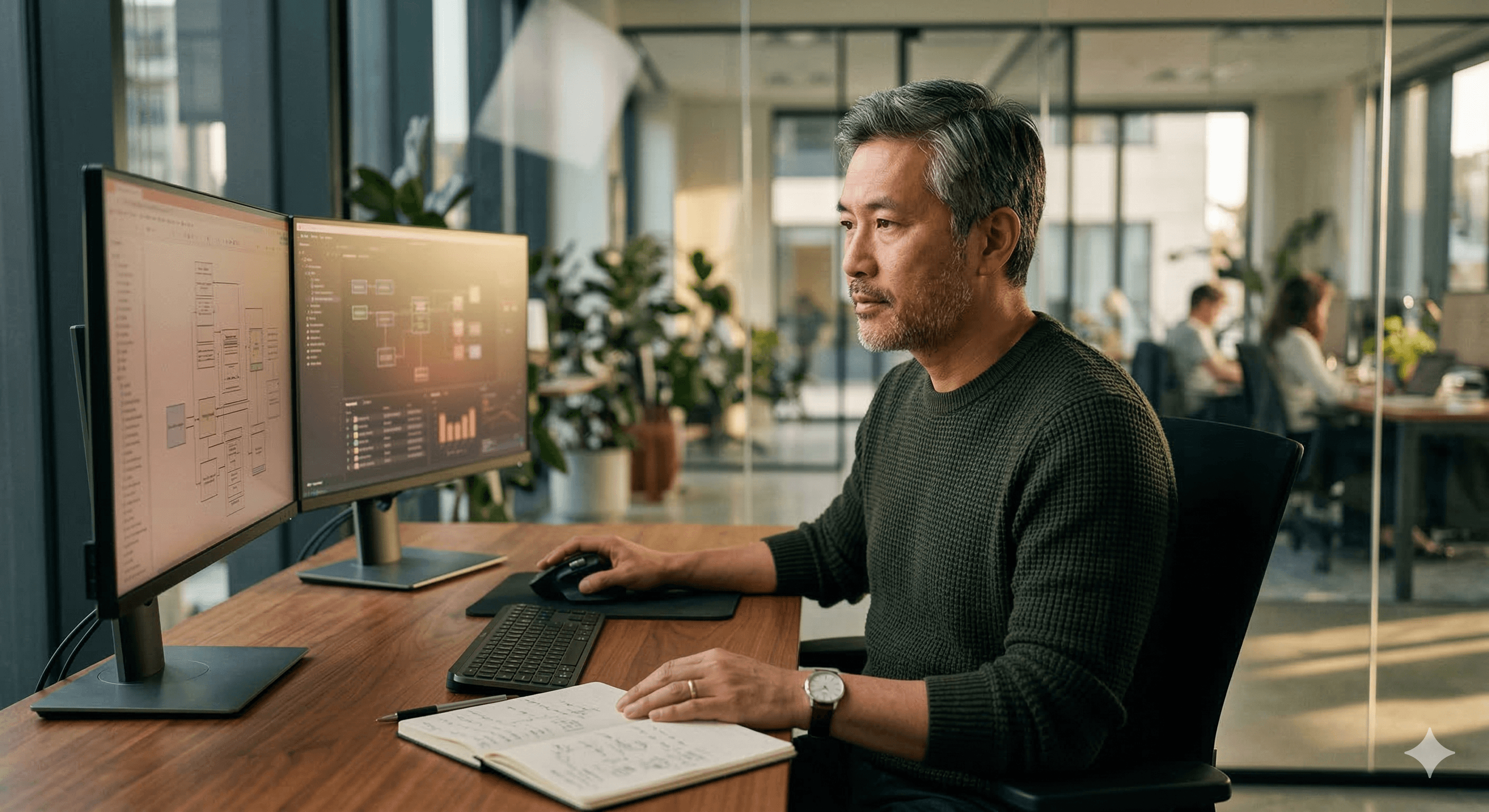 A focused individual working at a modern office desk with dual monitors displaying complex software data and charts, emphasizing "engineering in AI" to boost model performance reliably, while surrounded by colleagues in a bright, plant-filled workspace.