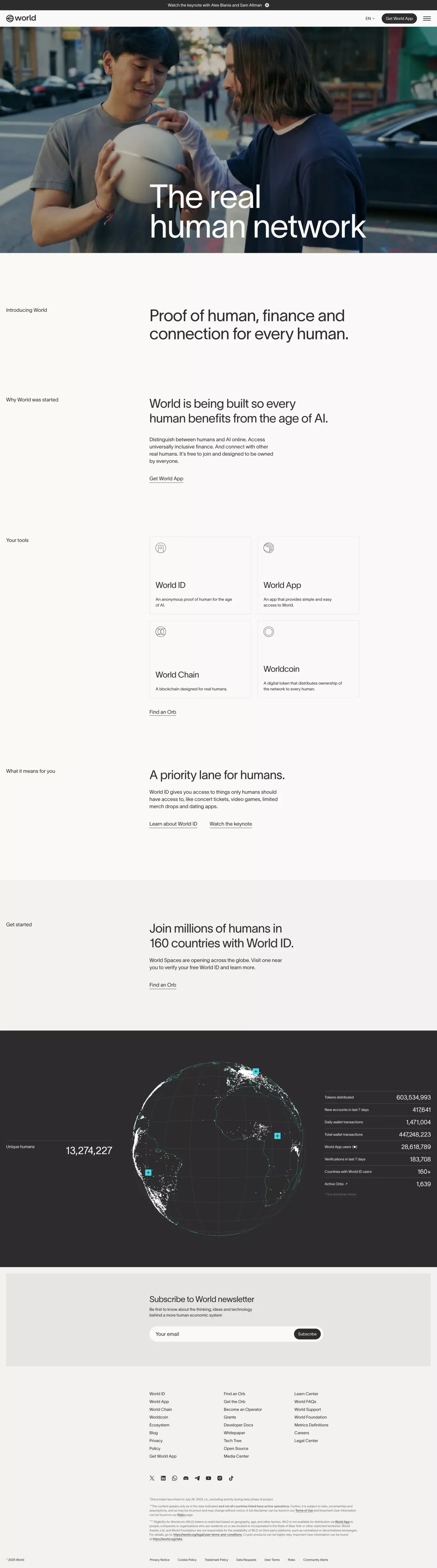 World - The real human network. landing page screenshot showcasing Finance and NFT / Crypto / Web3 design