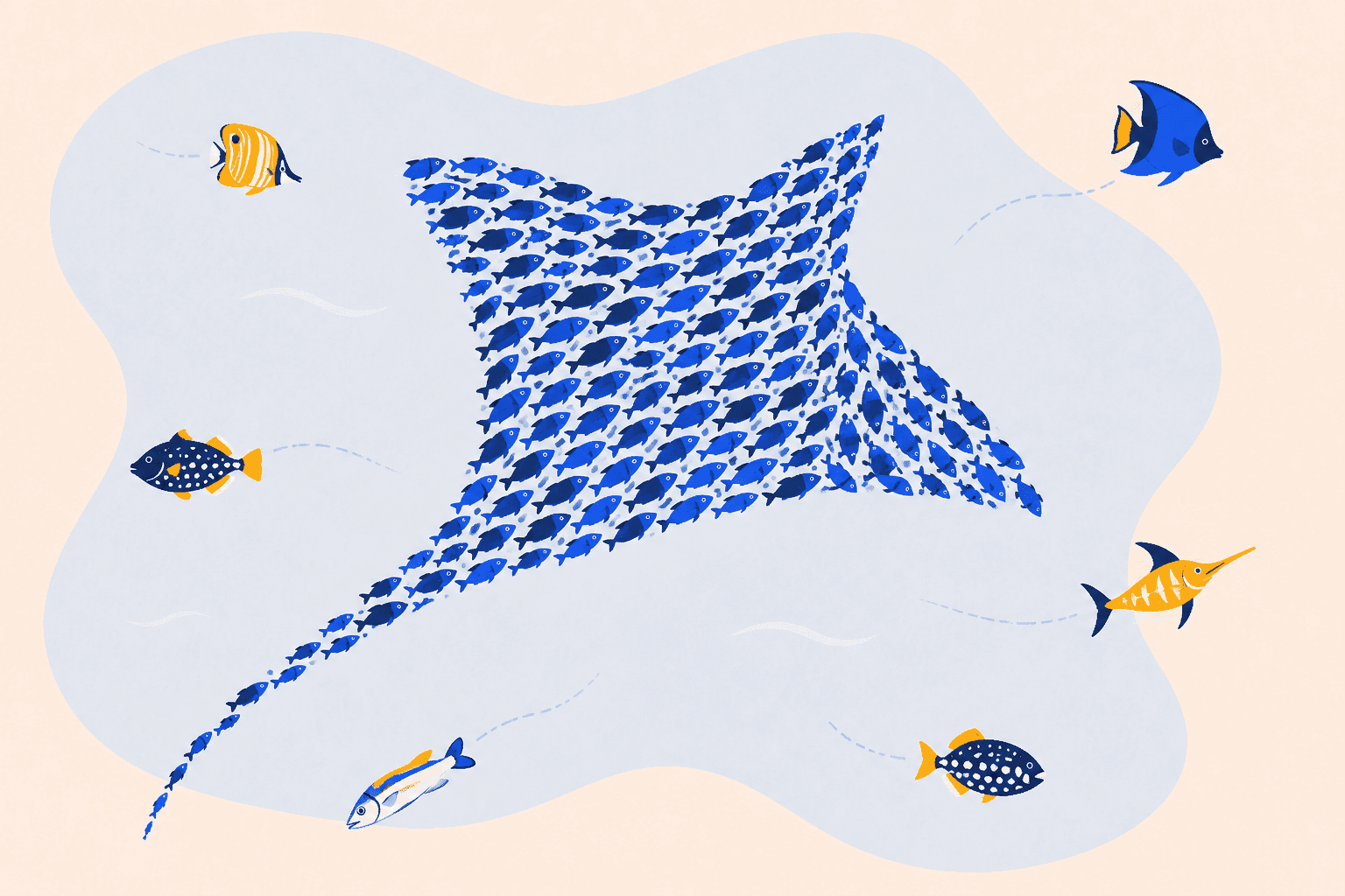 A school of nearly identical blue fish forms a stingray, while five different fish swim away in separate directions.