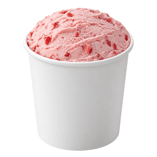 Strawberry ice cream in an open white take-home pint tub.