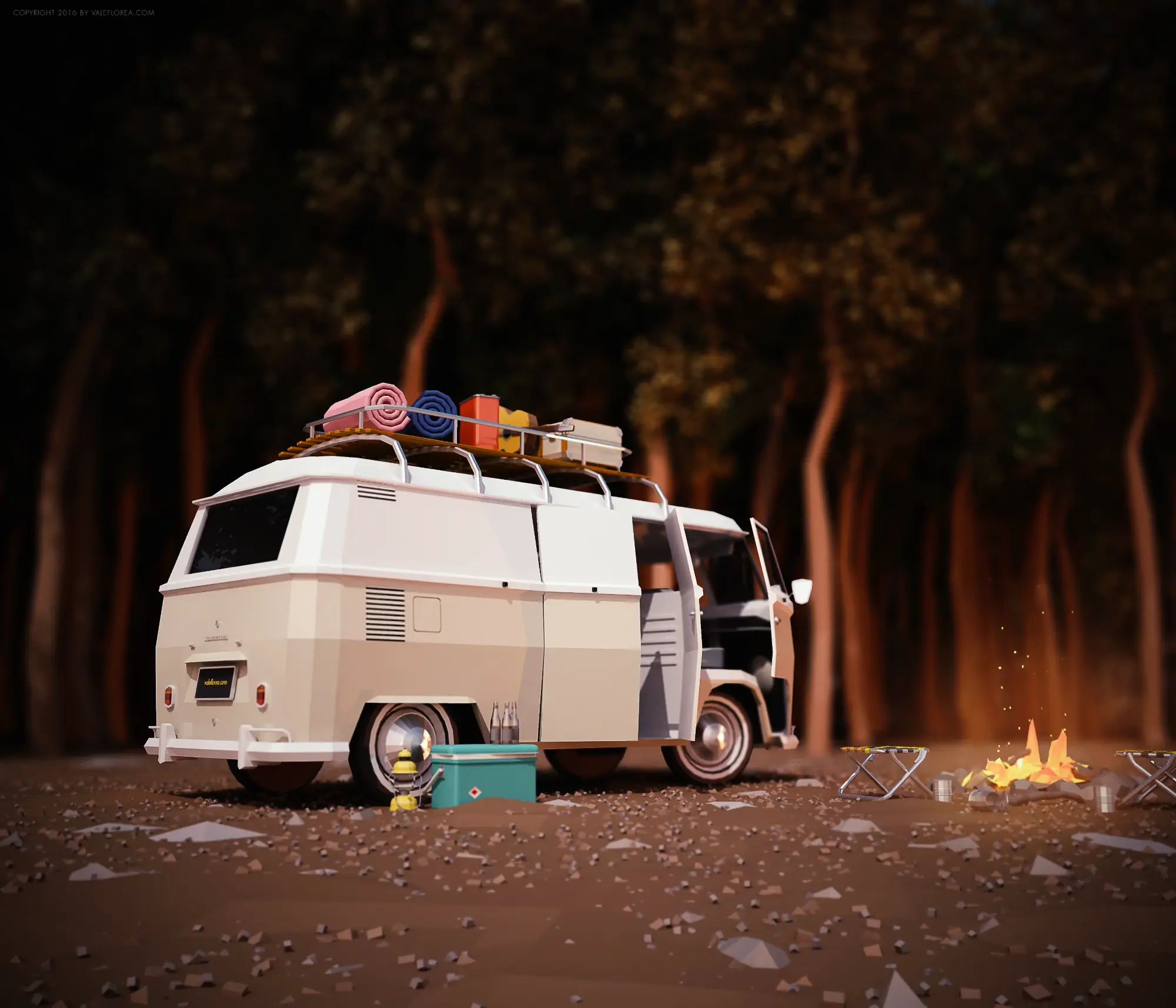 Camping · VW-Bus am Lagerfeuer – freie 3D-Arbeit von Vale Florea, 2016