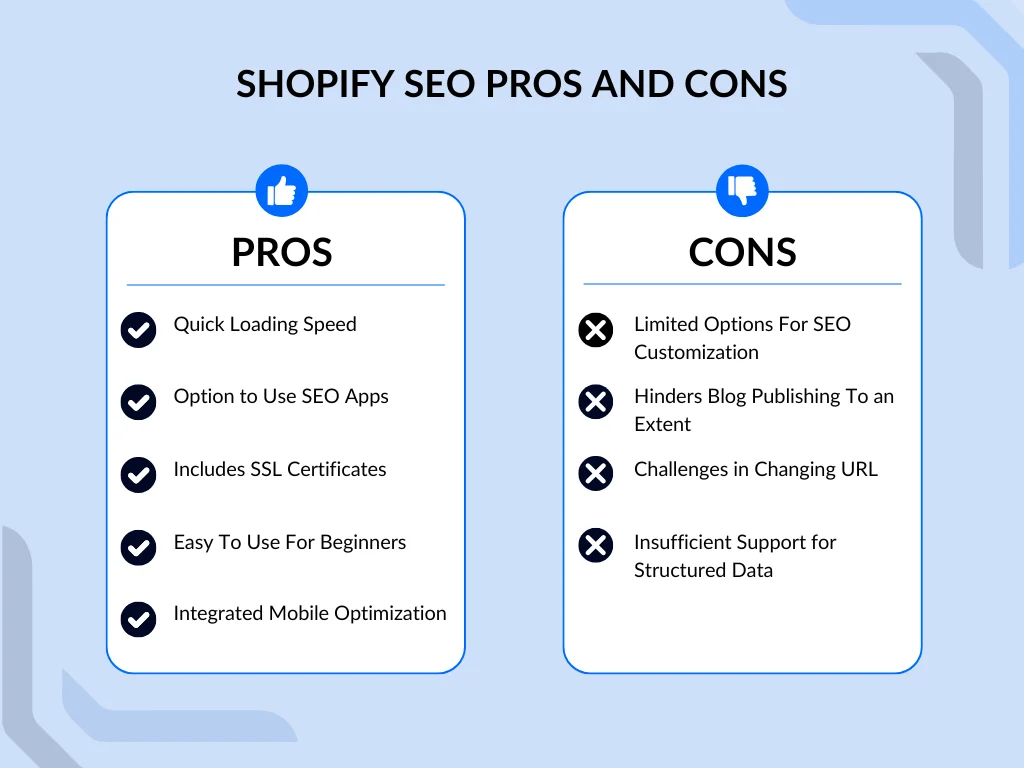 A comparison infographic listing Shopify vs. WordPress pros and cons