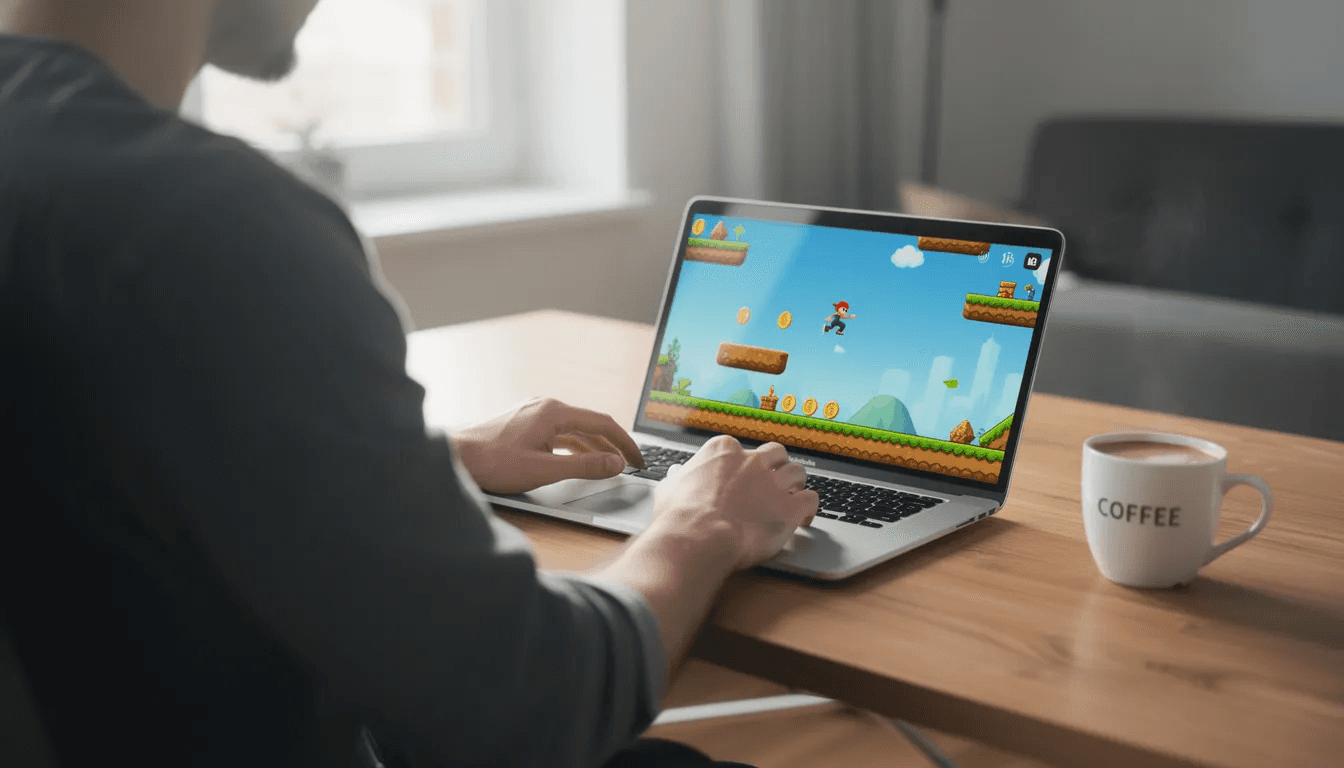A person is sitting at a desk, focused on a laptop displaying a colorful 2D platformer game with engaging characters and stunning visuals. Nearby, a coffee cup sits, adding to the creative atmosphere of game development.