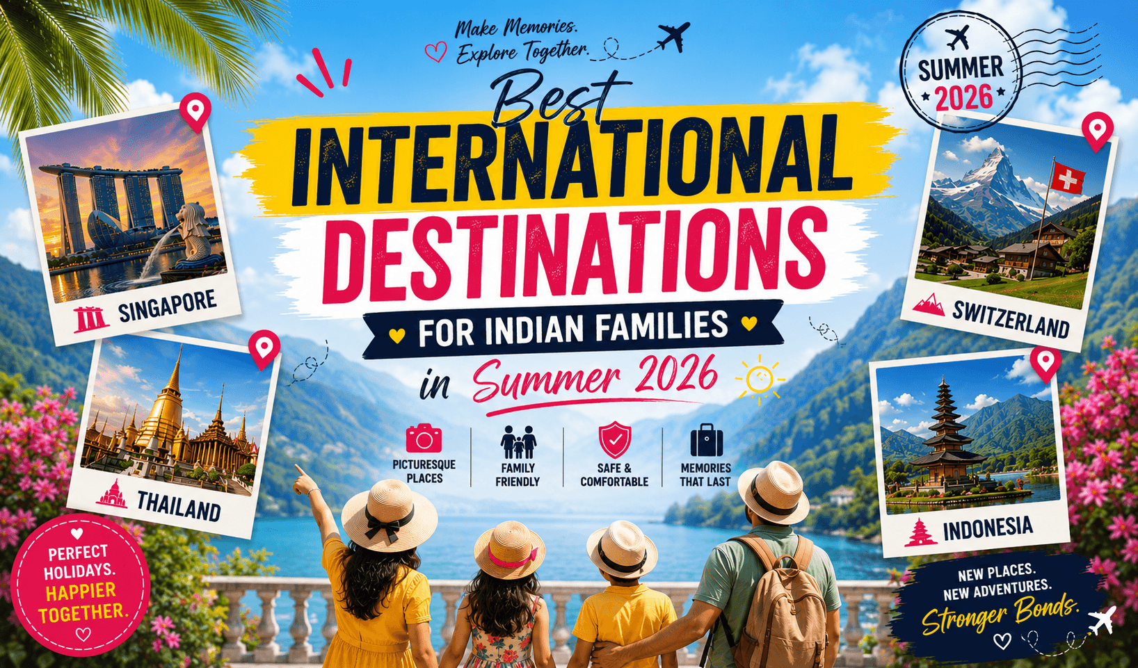 Summer 2026 travel poster featuring top international destinations for Indian families including Singapore, Thailand, Switzerland, and Indonesia with scenic vacation visuals and family holiday theme.
