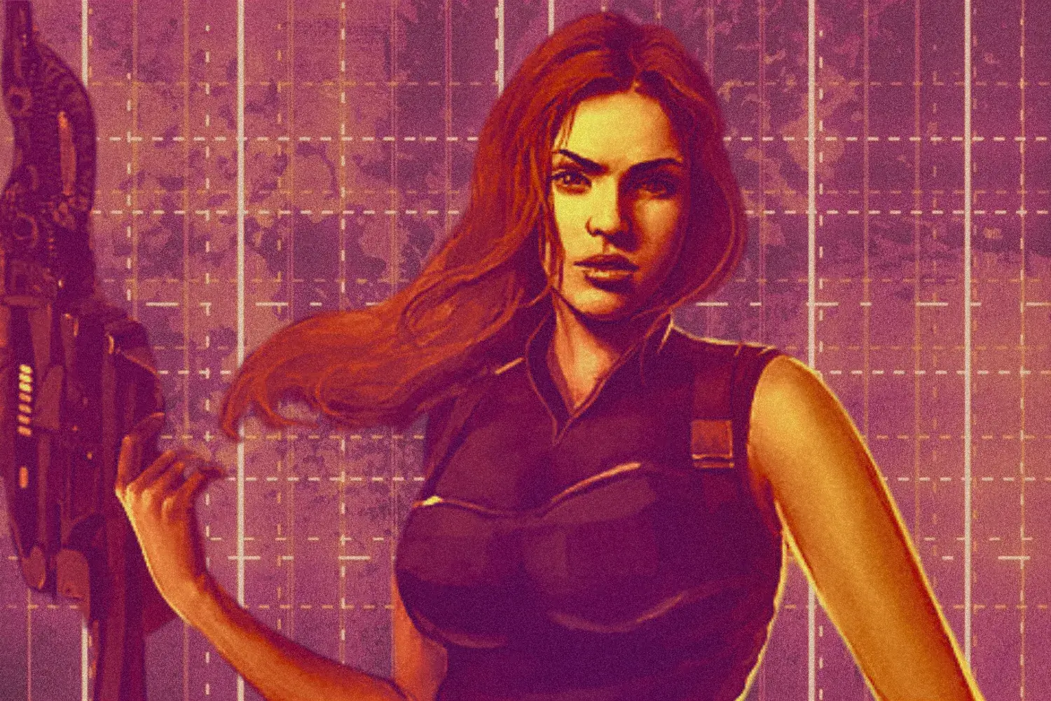 Concept art of Mara Jade holding a blaster in front of a red geometric background