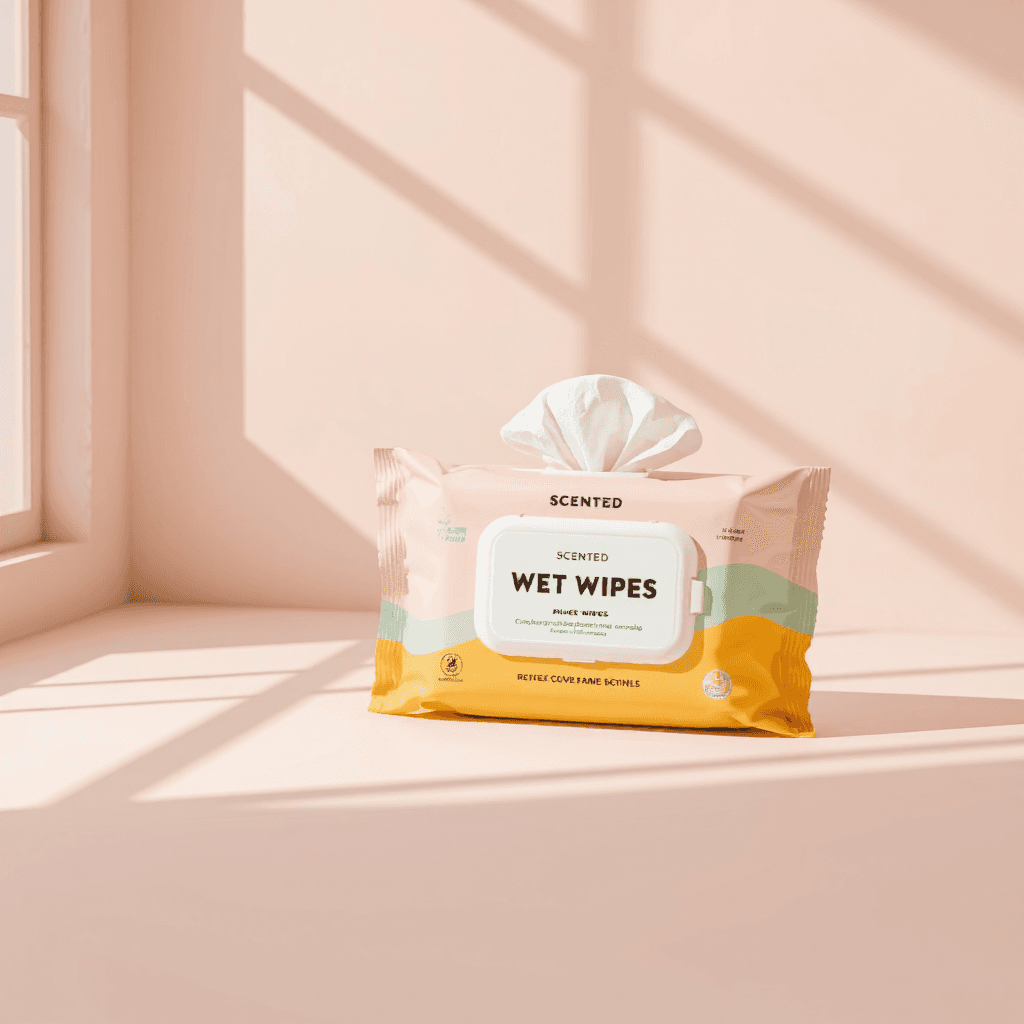 product photography of a pack of scented wet wipes