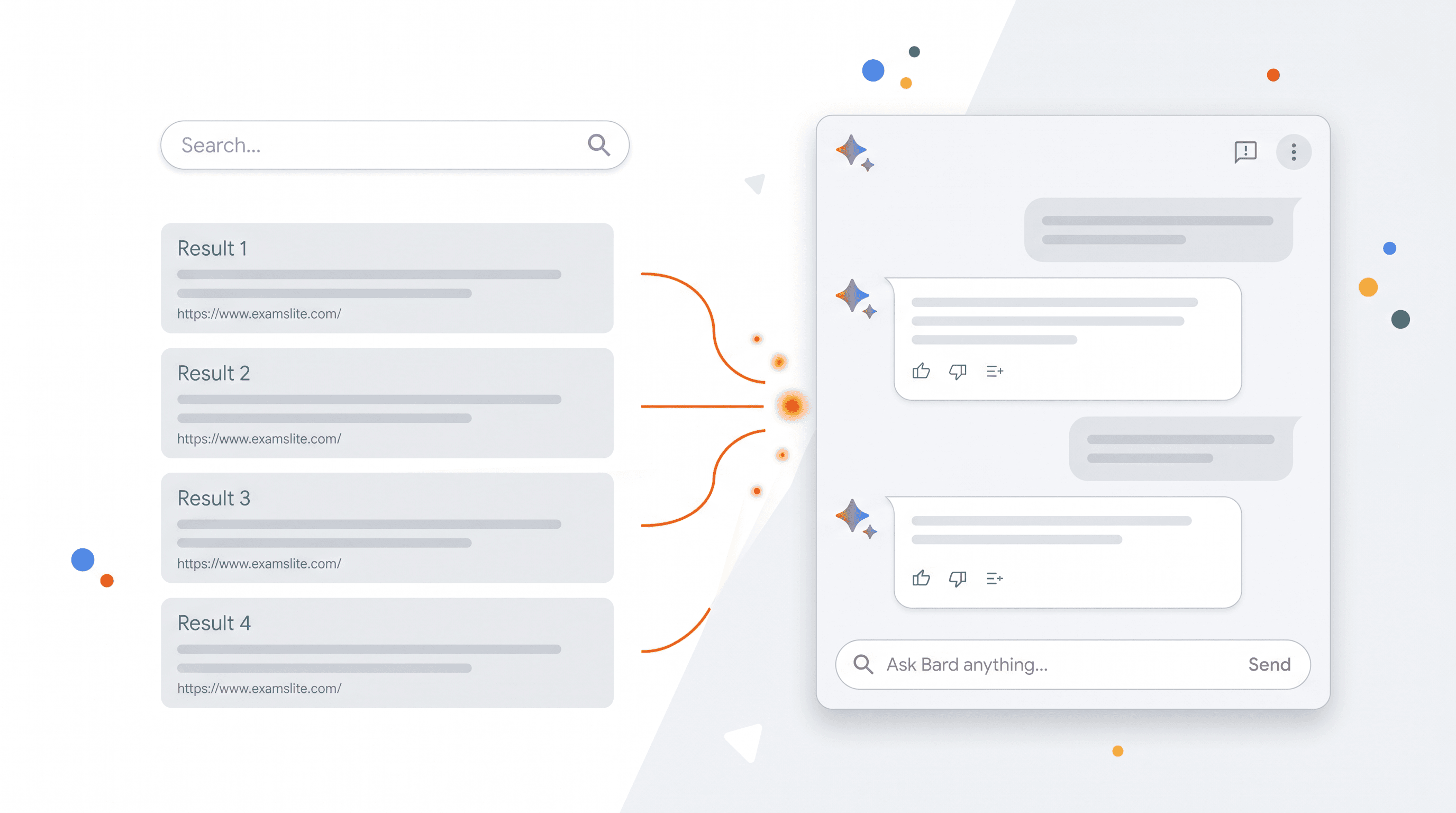 Ilustrasi Google Search berubah menjadi chatbot AI percakapan dengan aksen oranye minimalis.