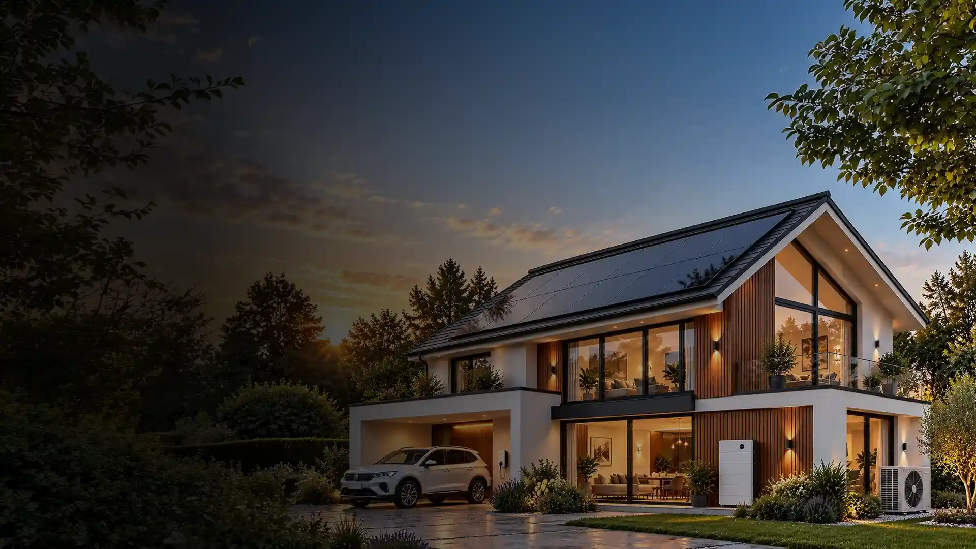 Modern energy-efficient home with integrated solar panels, battery storage, EV charger and air source heat pump.