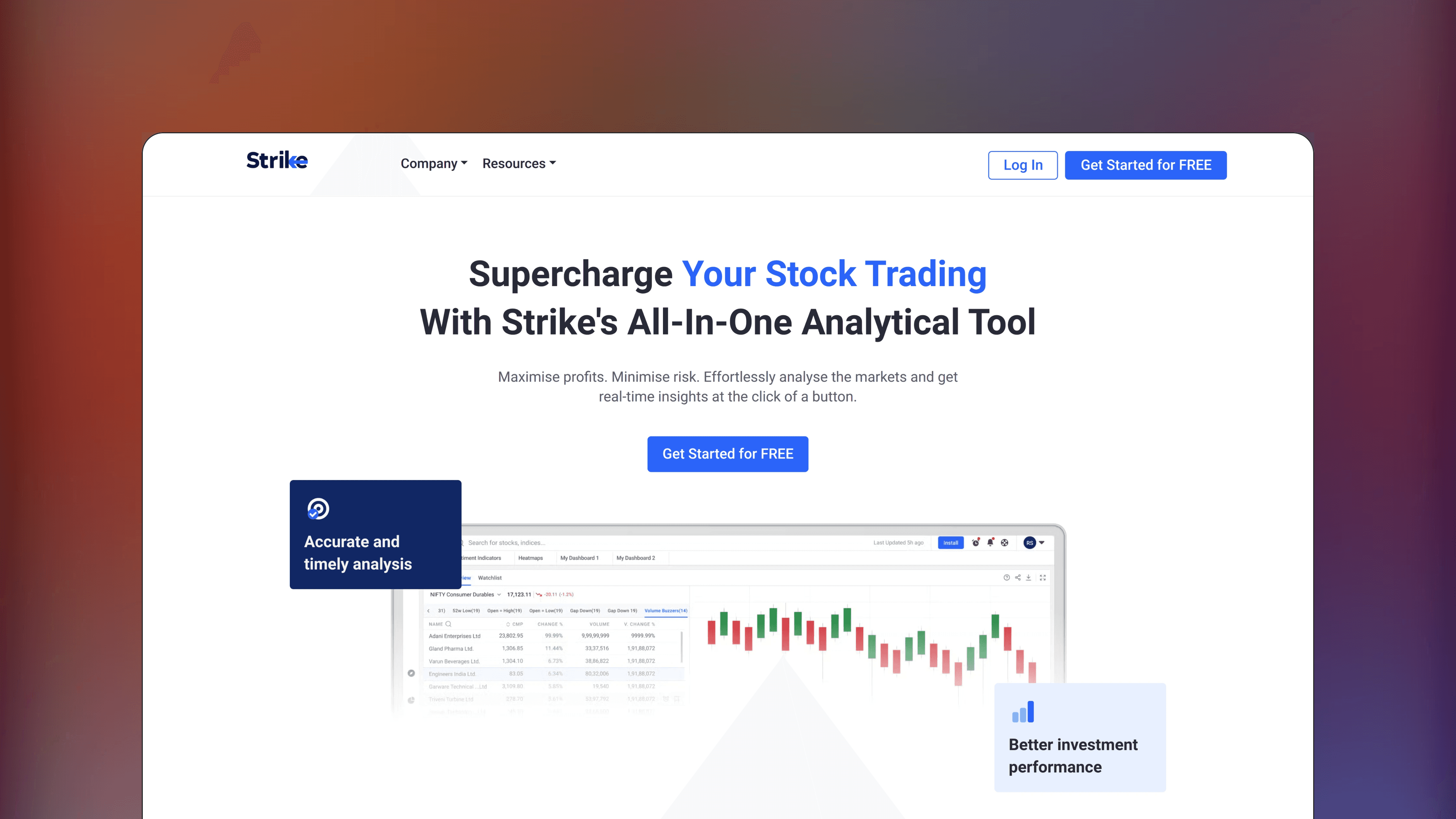 Website preview of Strike, trade analytics screener platform featuring a dashboard for monitoring global payments and account balances.
