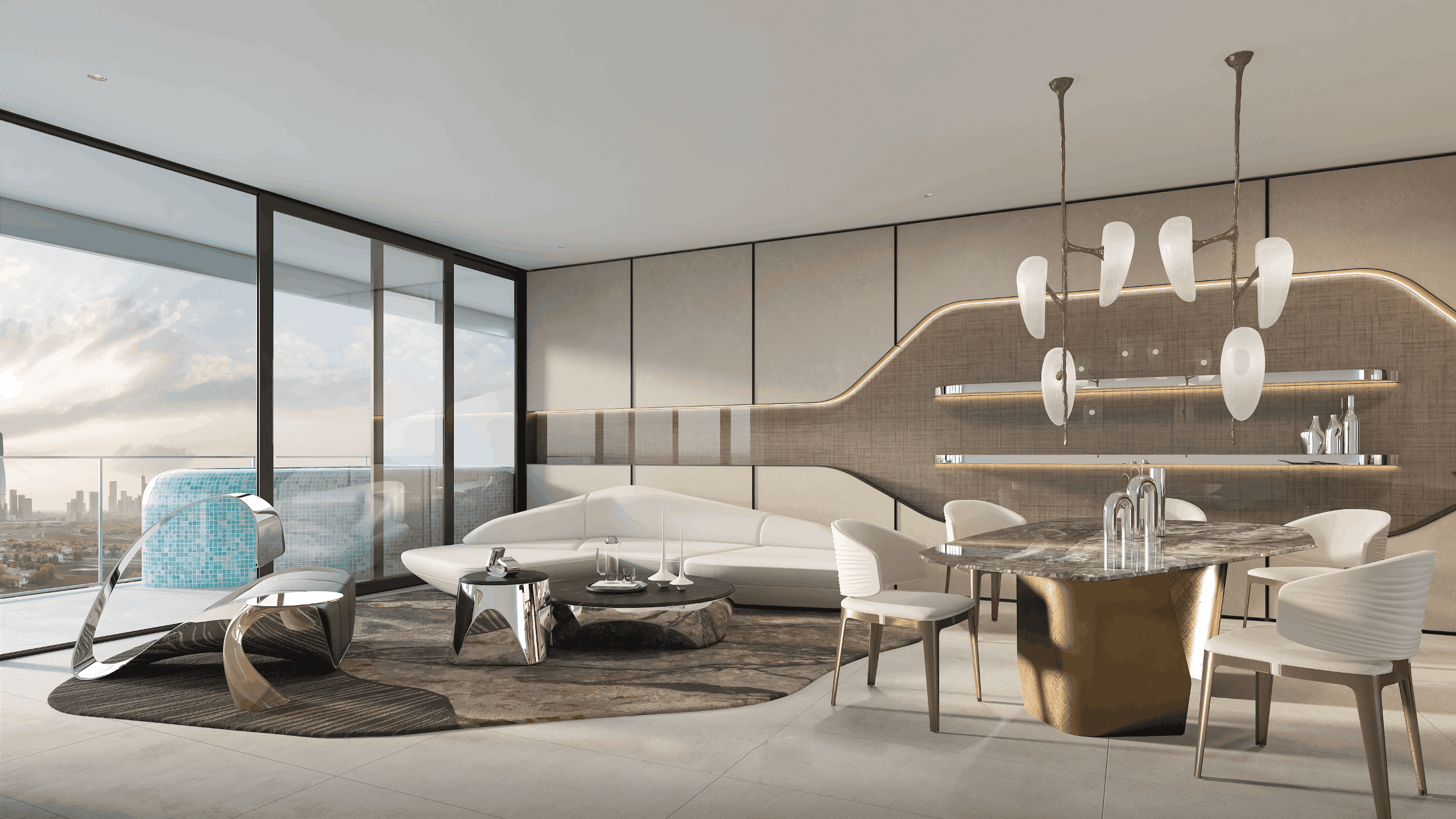 A modern bedroom featuring a large window with a stunning view of the city skyline in Hadley Heights 2.