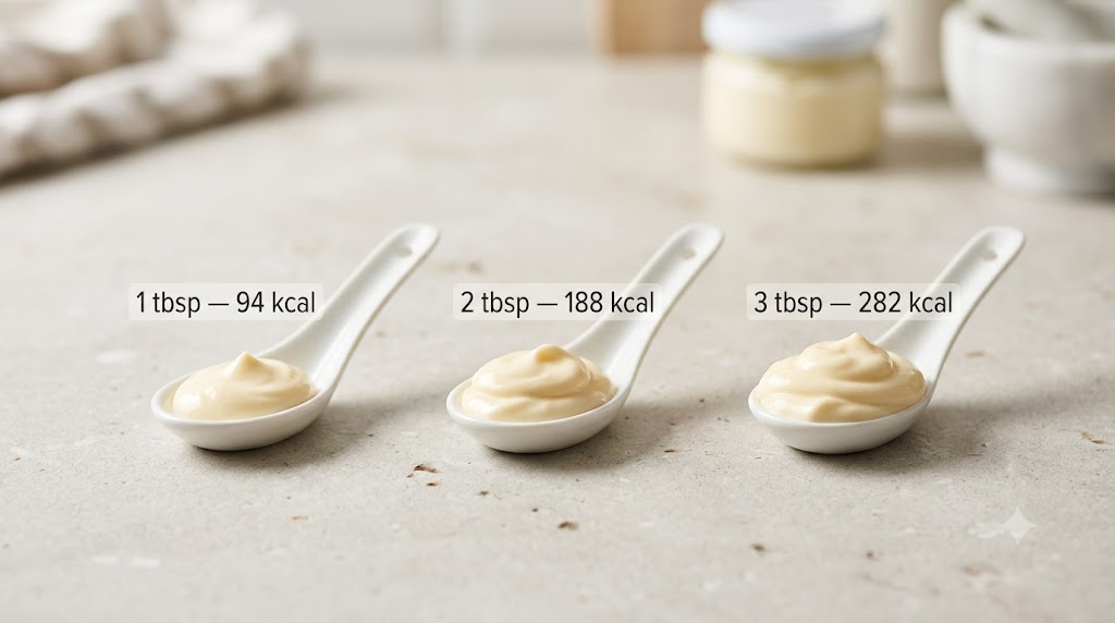 A side-by-side comparison of three white ceramic spoons holding different tablespoon portions of creamy mayonnaise (1 tbsp, 2 tbsp, 3 tbsp) on a light stone countertop, labeled with their respective calorie counts. A mayonnaise jar and mortar and pestle are in the blurred background.