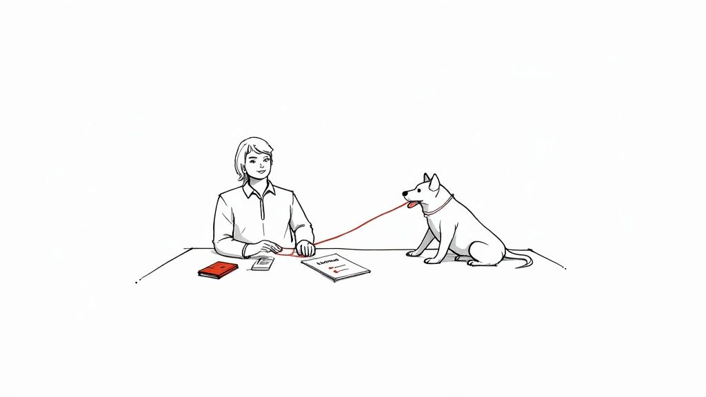 Woman sitting at desk reviewing paperwork with dog on leash beside her