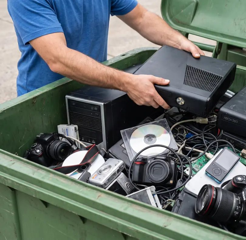 Persona depositando una computadora en desuso dentro de un contenedor verde de reciclaje de artefactos electrónicos.