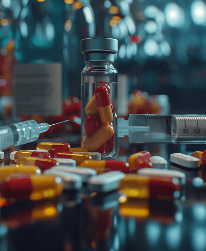 A dimly lit pharmacy features a glass vial of red and yellow capsules, surrounded by scattered pills and syringes. The mood is clinical and focused.