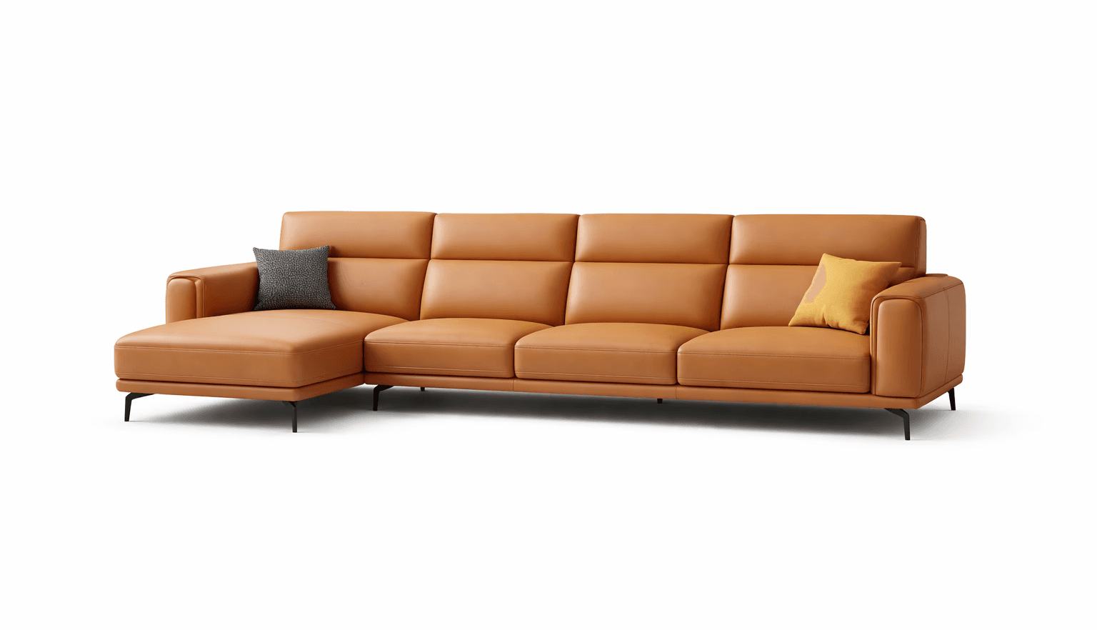 Tan upholstered sofa with sleek arms and refined modern silhouette