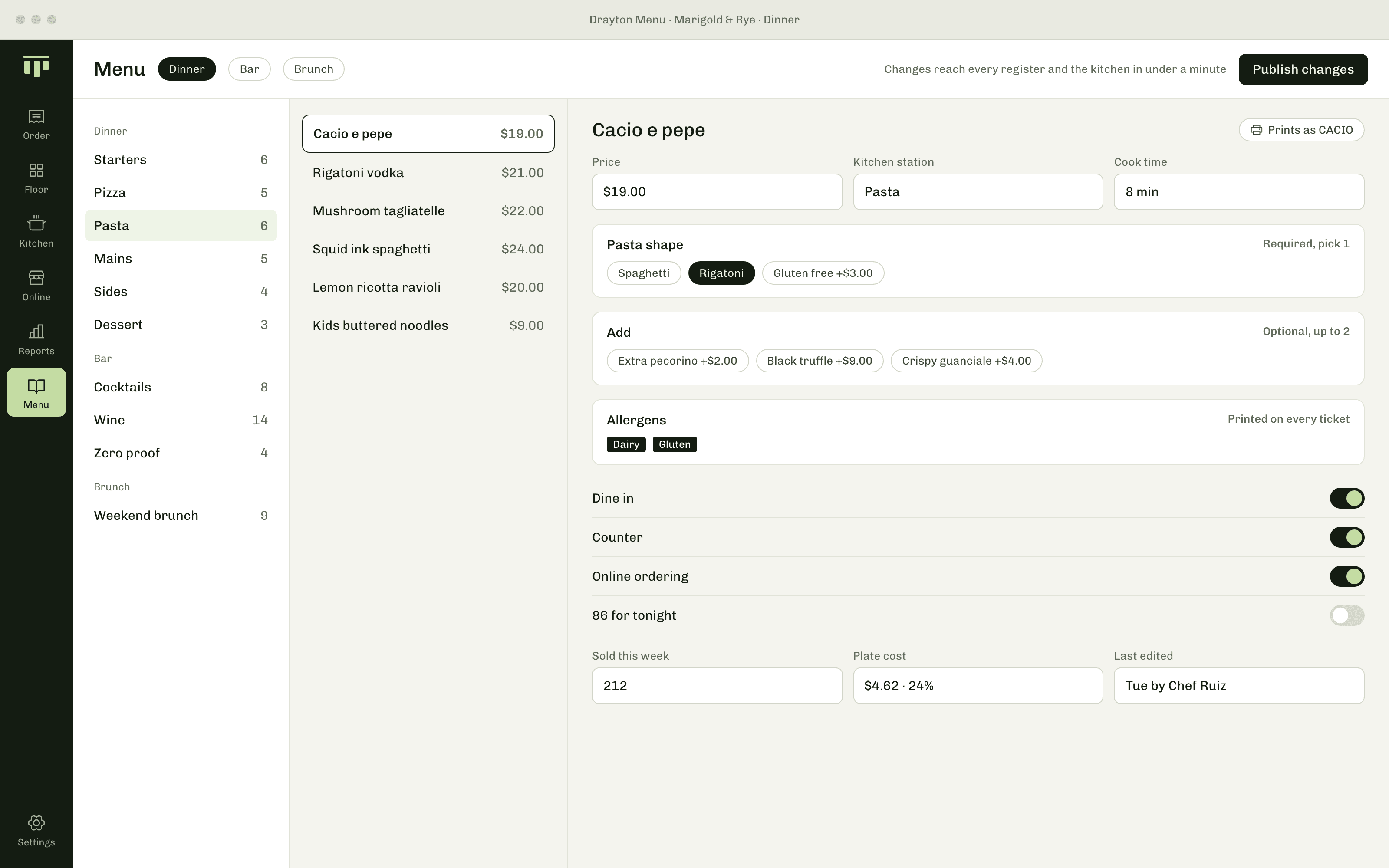 Drayton menu editor with cacio e pepe open