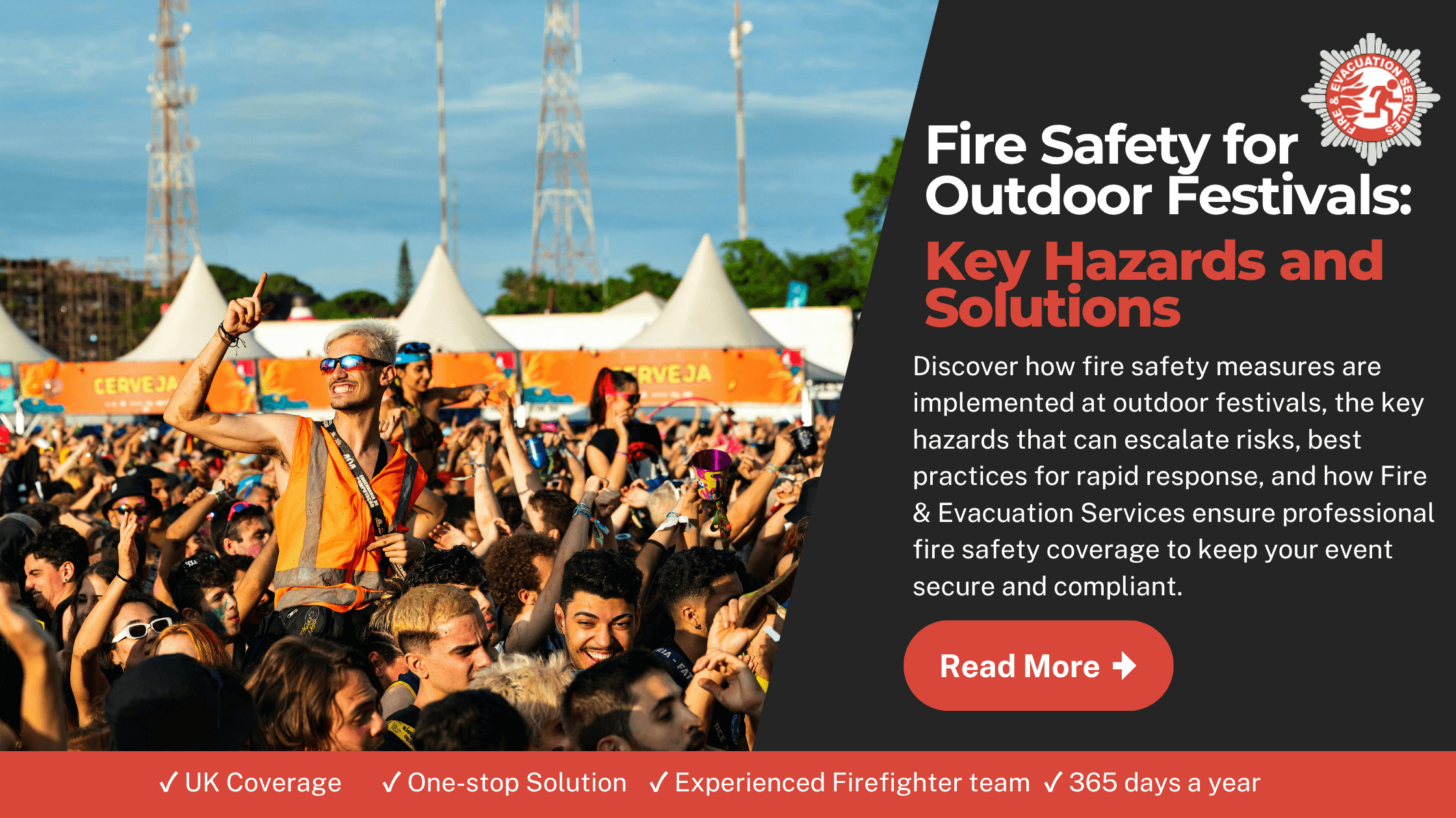 Original infographic of fire safety for outdoor festivals: key hazards and solutions.