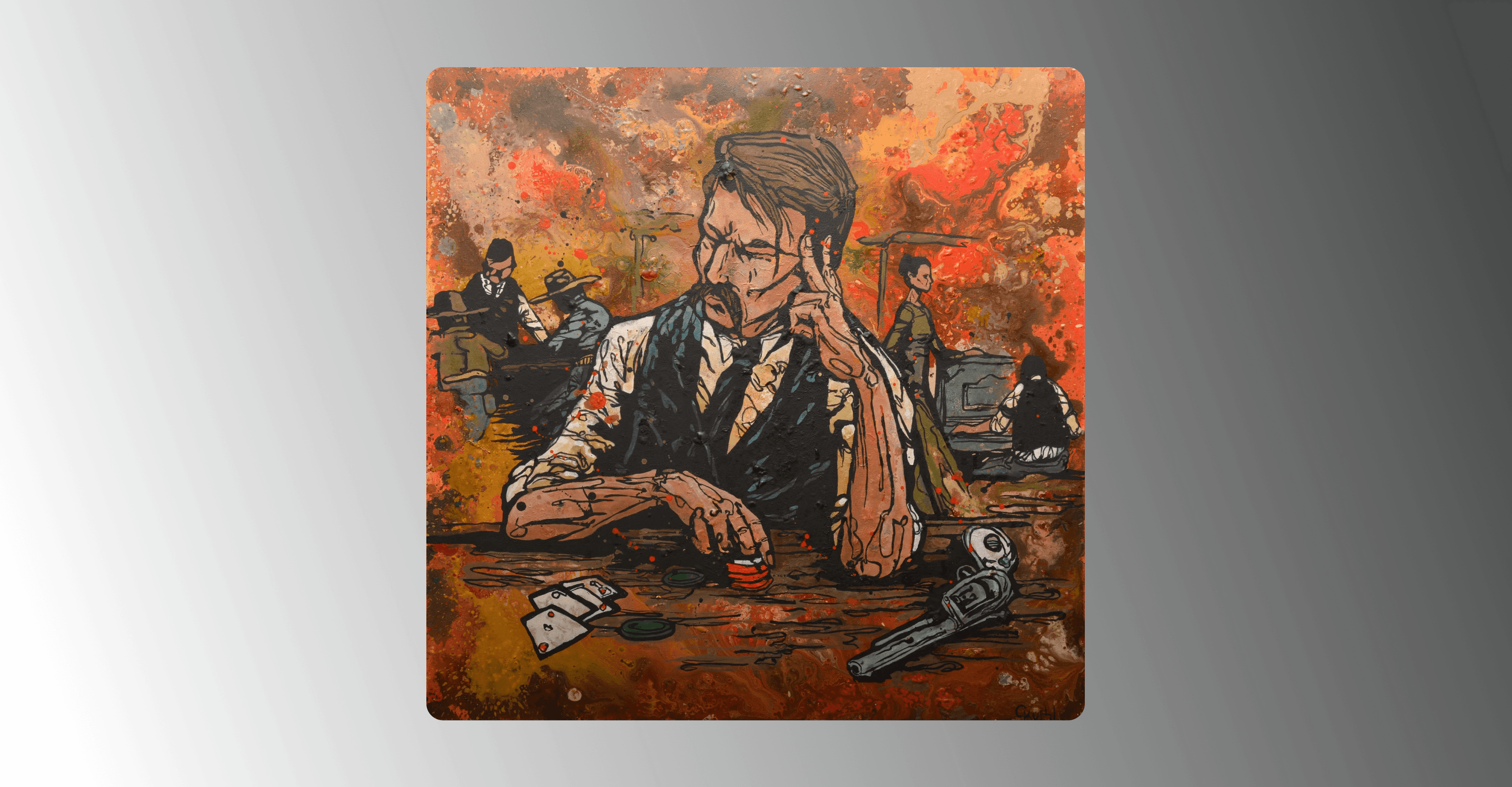 A paiting of a man sitting at a poker table with his pistol laying on the table. In the background is a bar scene in orange. The main is wearing a suit and is signalling to the dealer with two fingers in the air.