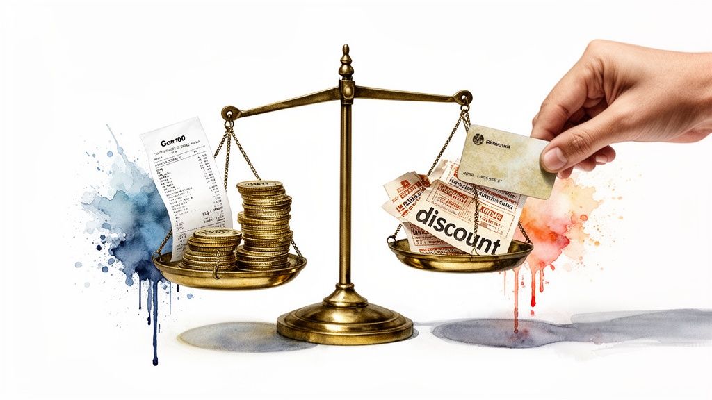 A balance scale weighing a receipt and coins against discount coupons and a loyalty card.